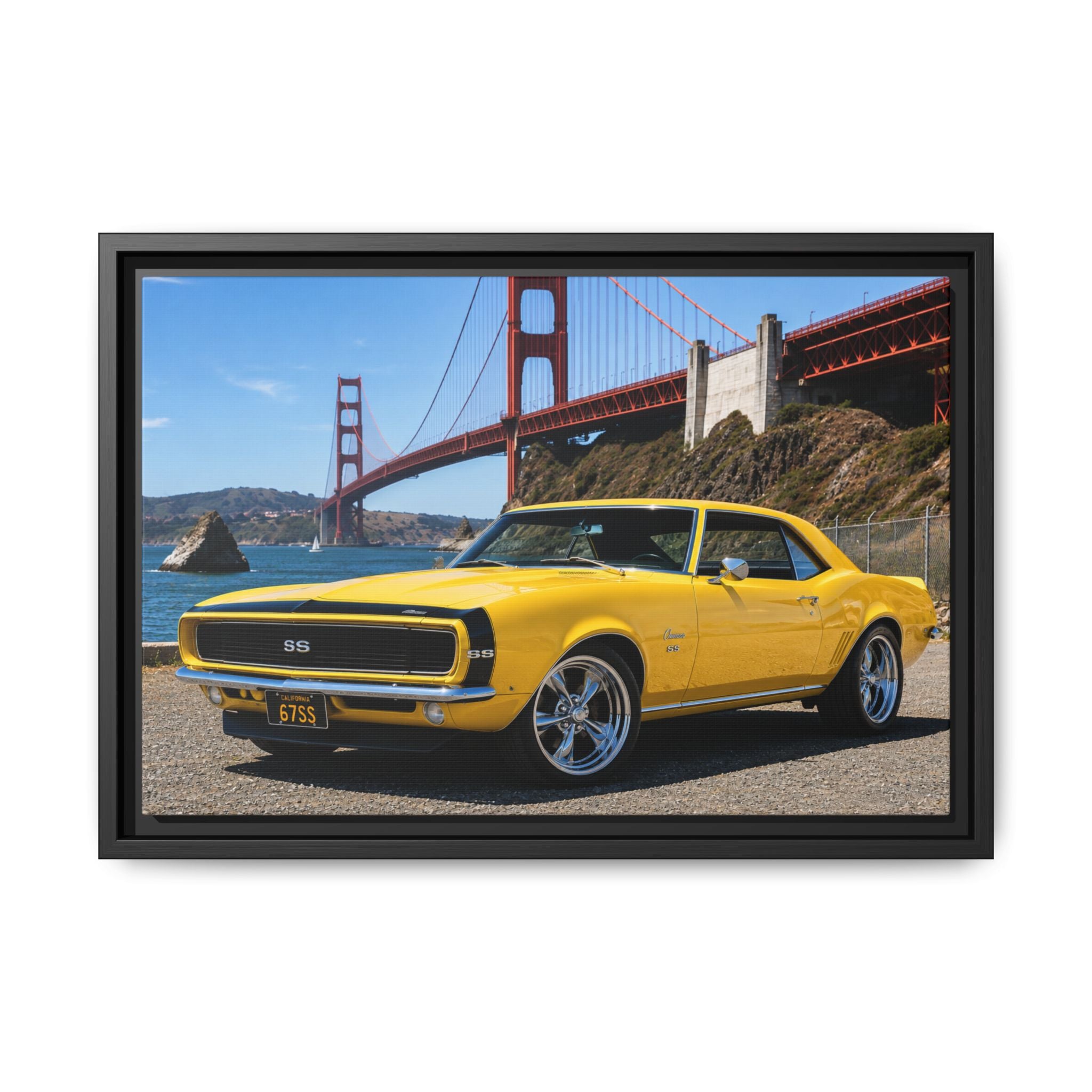 Camaro 1967 Framed Canvas – Yellow Classic "Bumble Bee" Camaro by Golden Gate Bridge