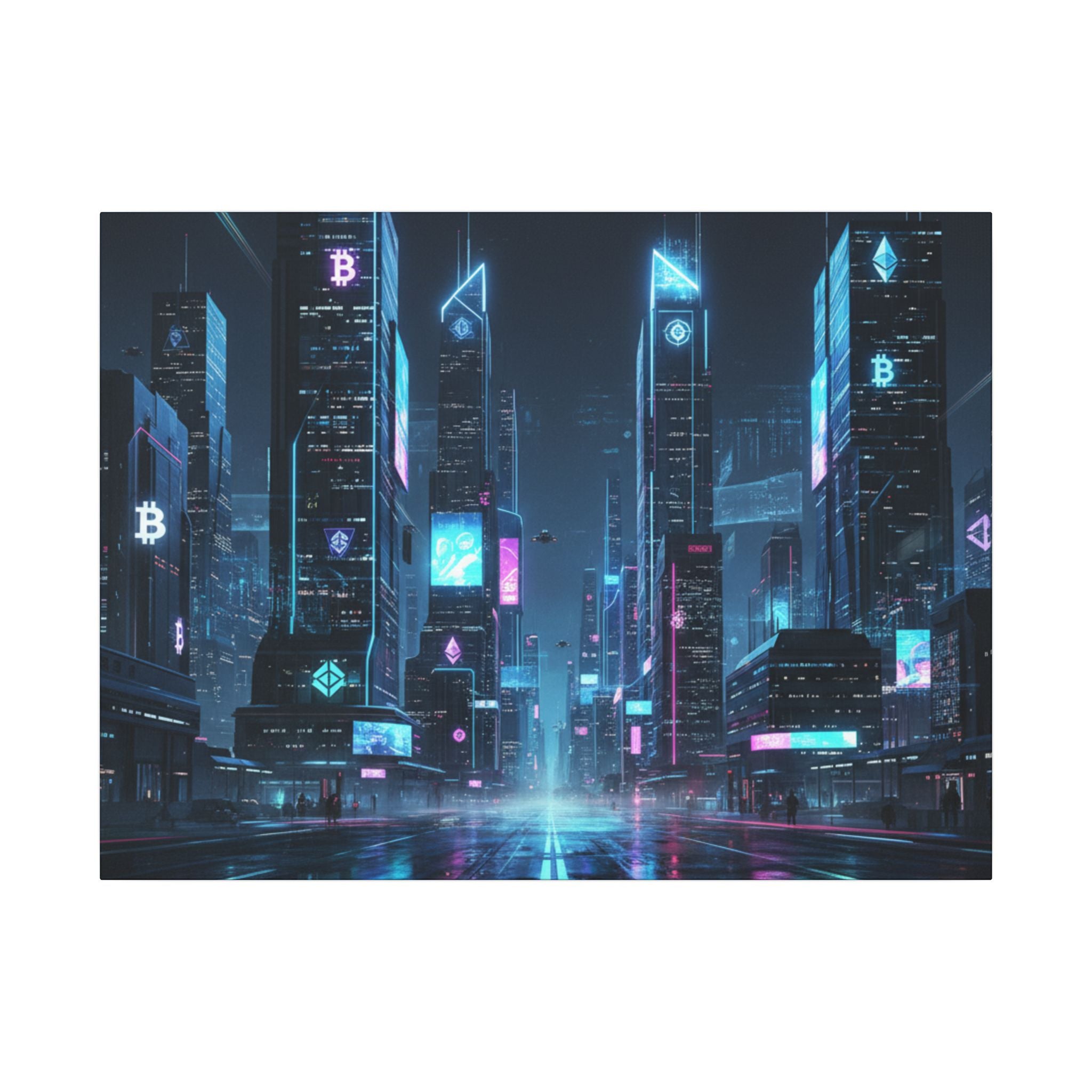 Cyberpunk Cityscape Matte Canvas Print — Neon Futuristic Skyline Wall Art