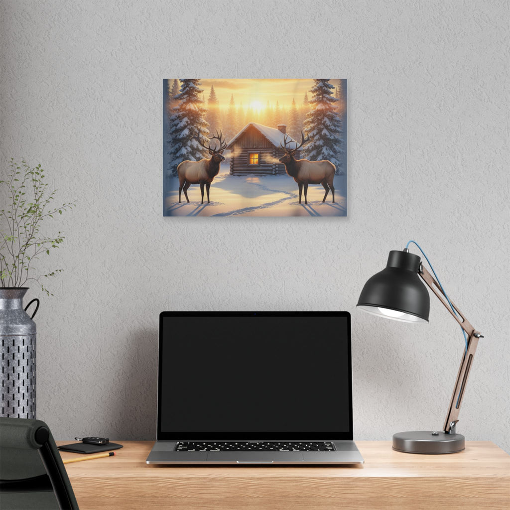 Winter Cabin Elk Canvas Wall Art – Cozy Snowy Forest Sunset Print