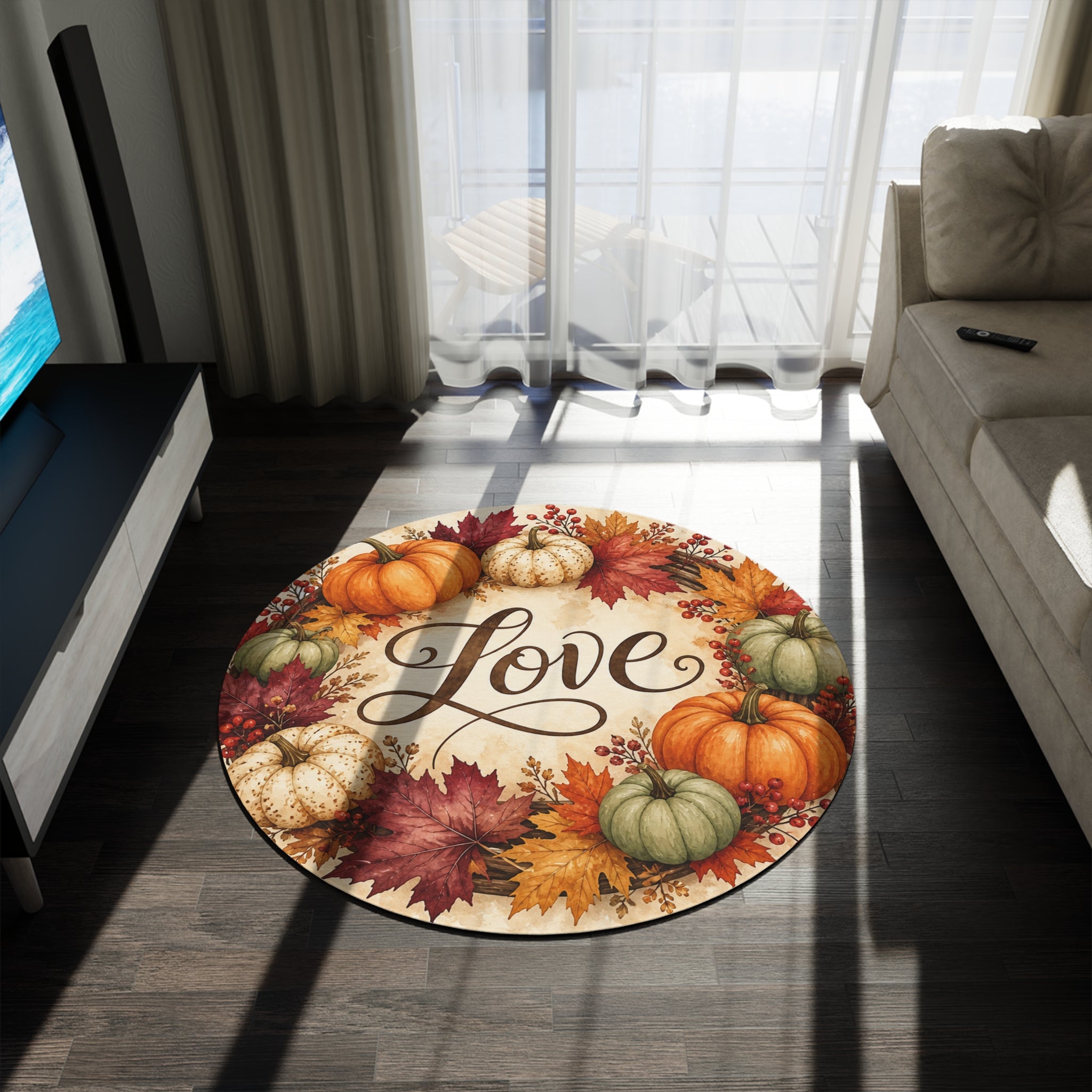 Autumn Pumpkin Love Round Rug Fall Entryway Seasonal Home Decor Halloween Thanksgiving Gift