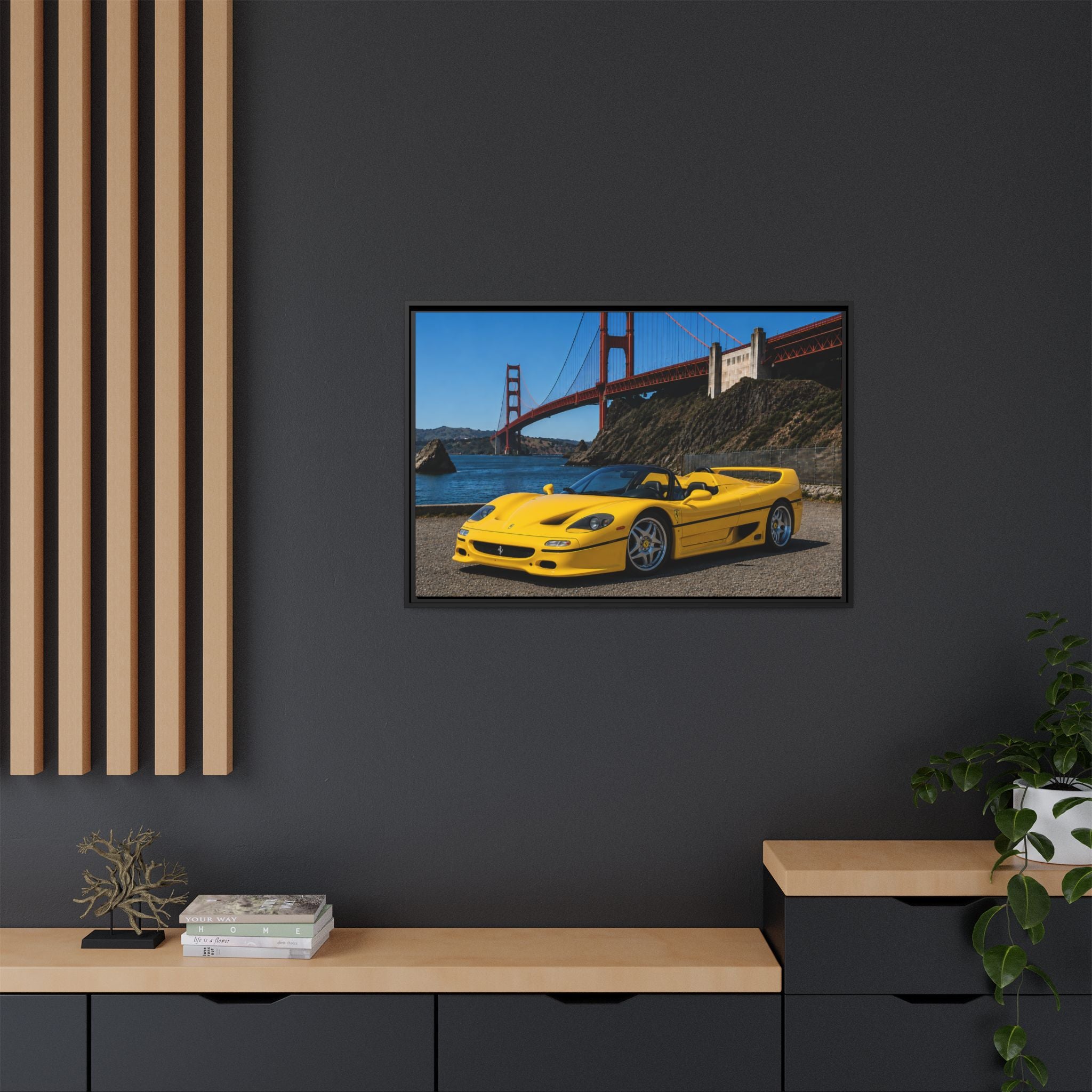 Ferrari F50 1995 Yellow — Framed Matte Canvas of Ferrari by Golden Gate Bridge