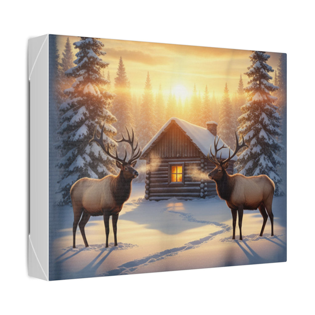 Winter Cabin Elk Canvas Wall Art – Cozy Snowy Forest Sunset Print