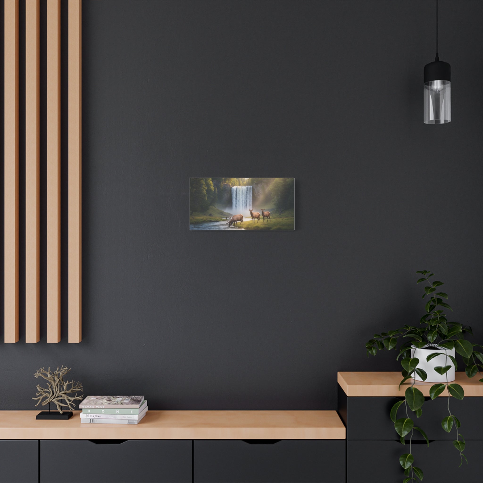 Waterfall Elk Canvas Print — Matte Stretched Wall Art