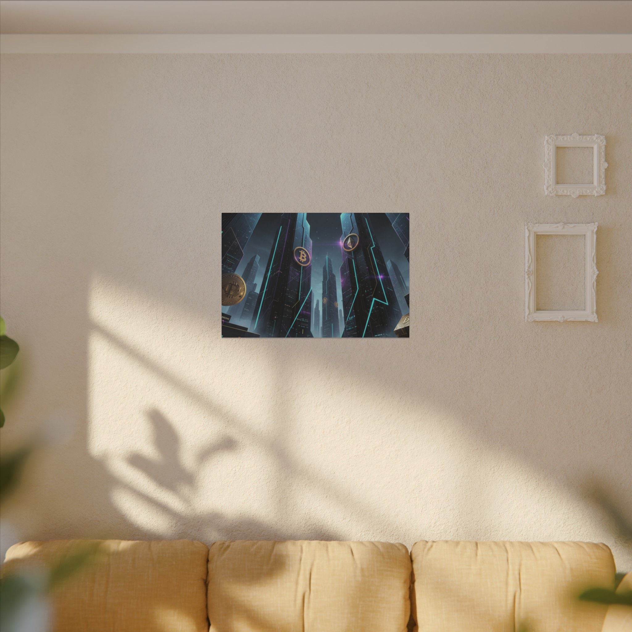 Crypto City Canvas Print — Futuristic Bitcoin & Ethereum Wall Art