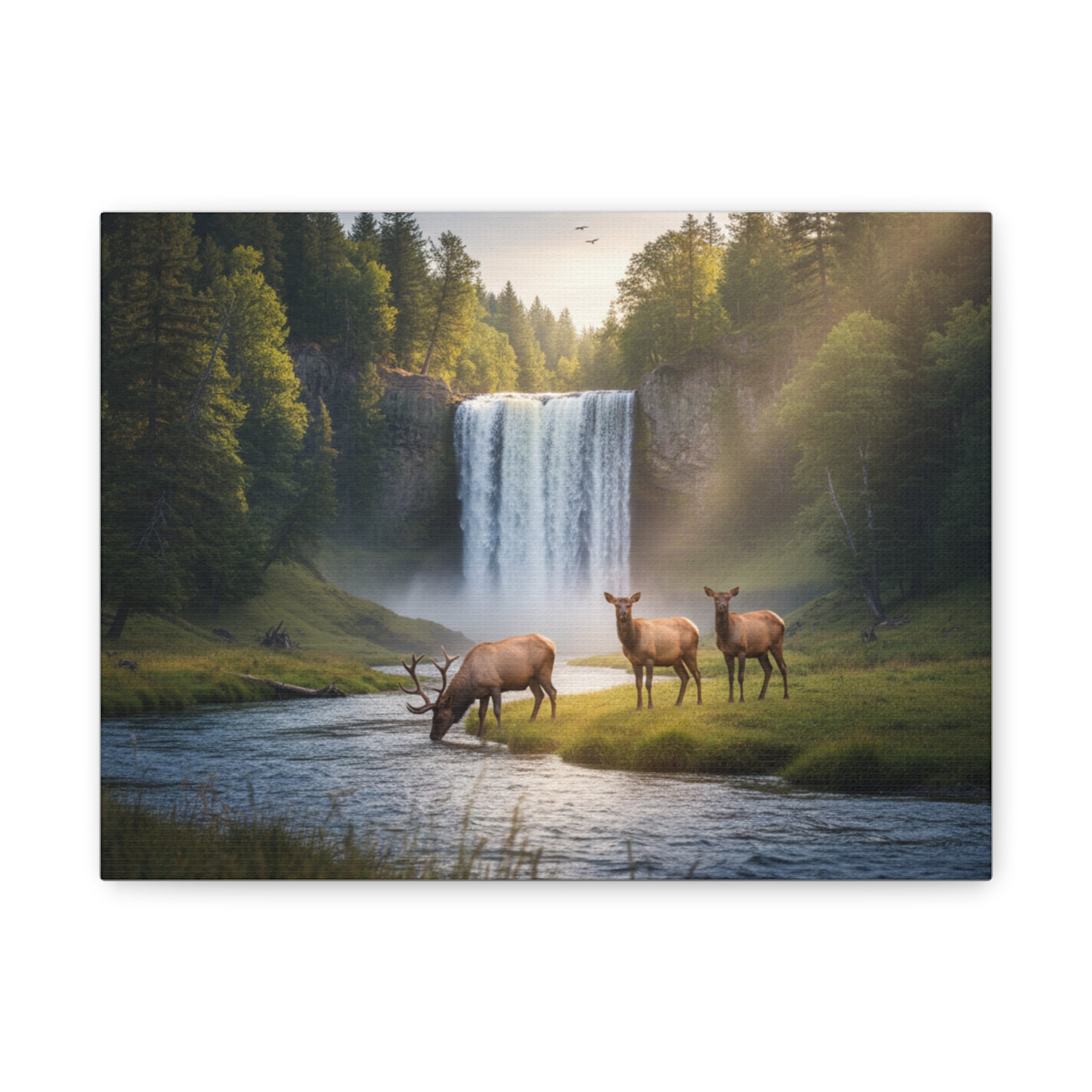 Waterfall Elk Canvas Print — Matte Stretched Wall Art