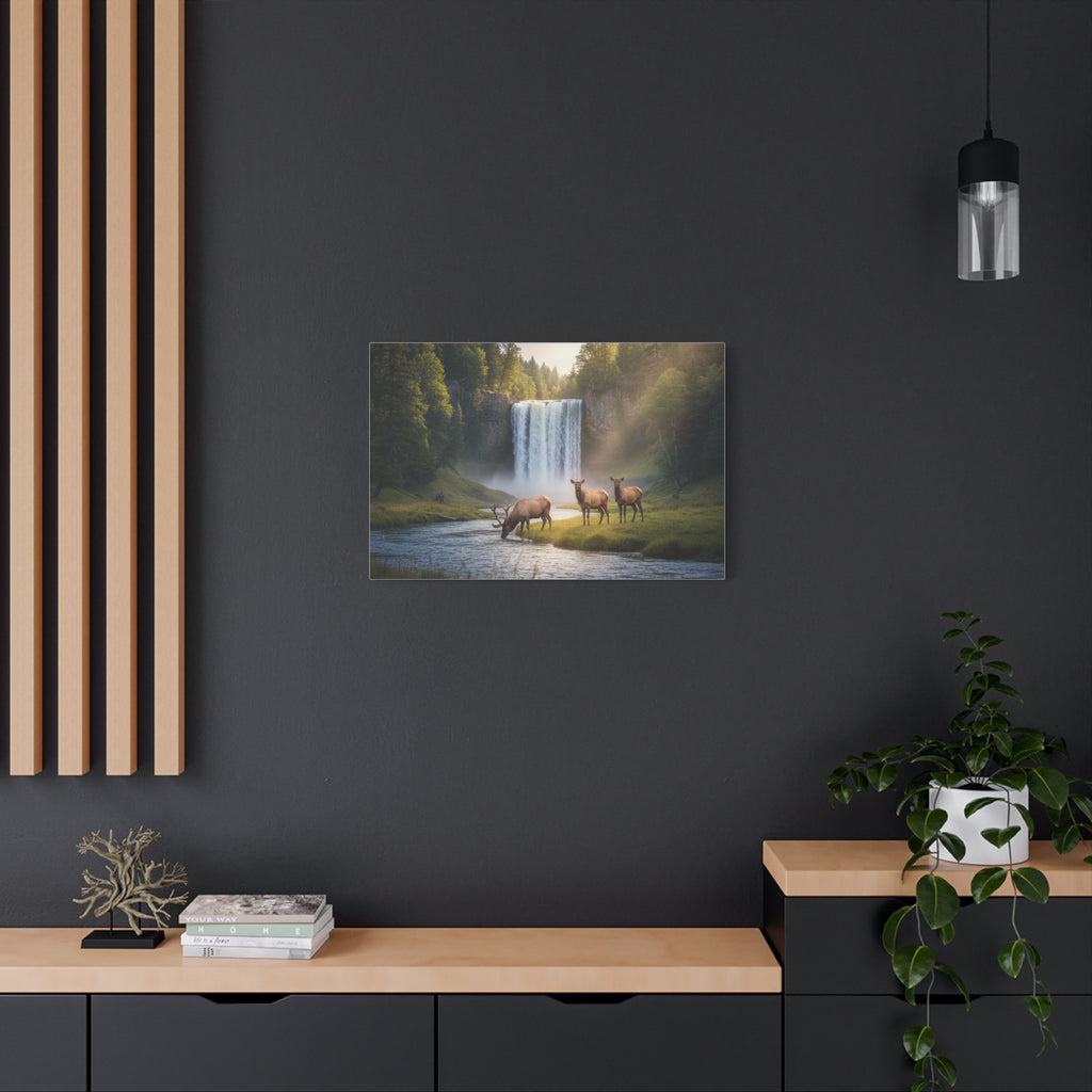 Waterfall Elk Canvas Print — Matte Stretched Wall Art