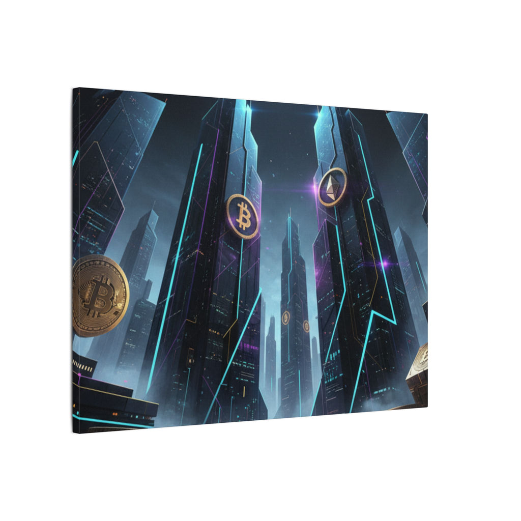 Crypto City Canvas Print — Futuristic Bitcoin & Ethereum Wall Art
