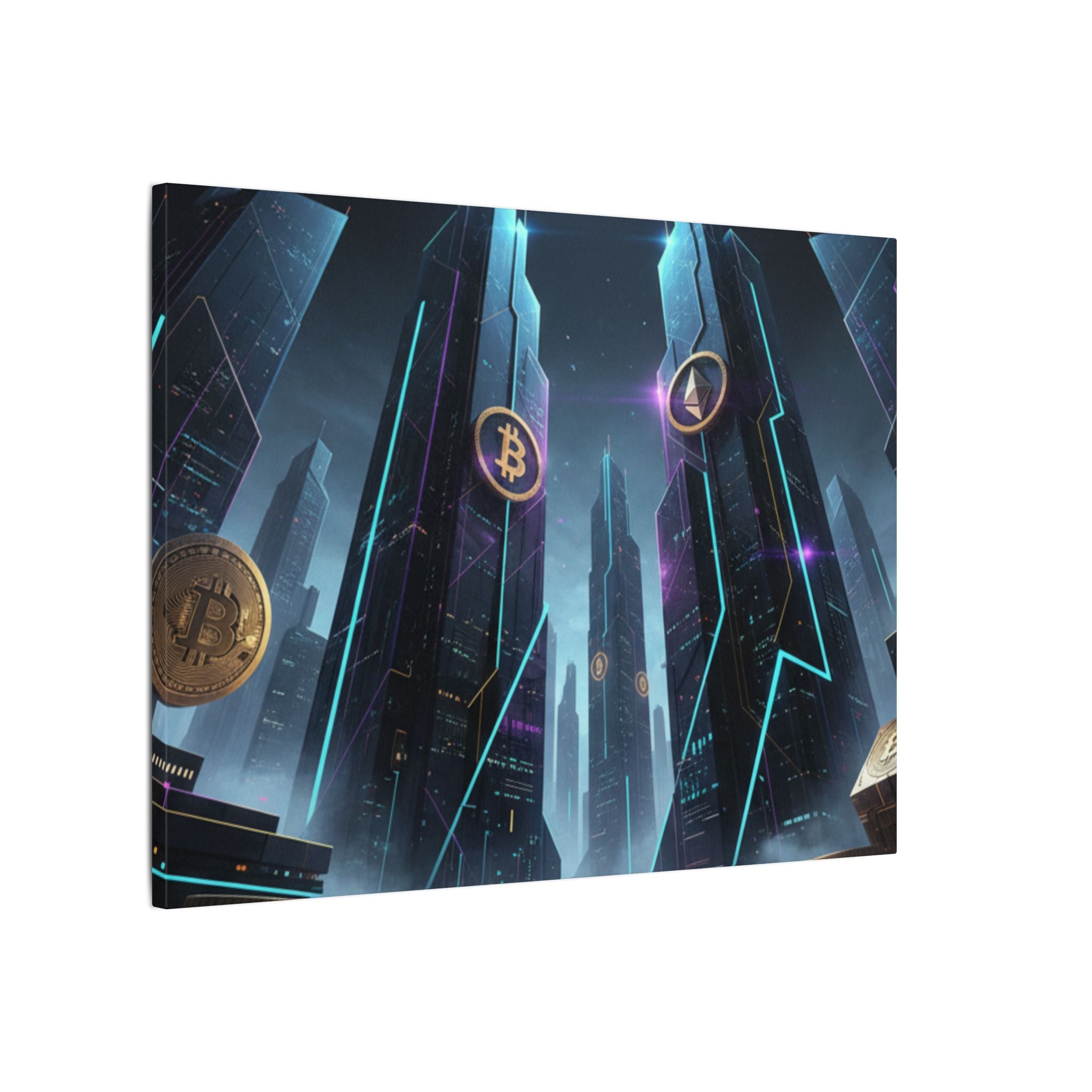 Crypto City Canvas Print — Futuristic Bitcoin & Ethereum Wall Art