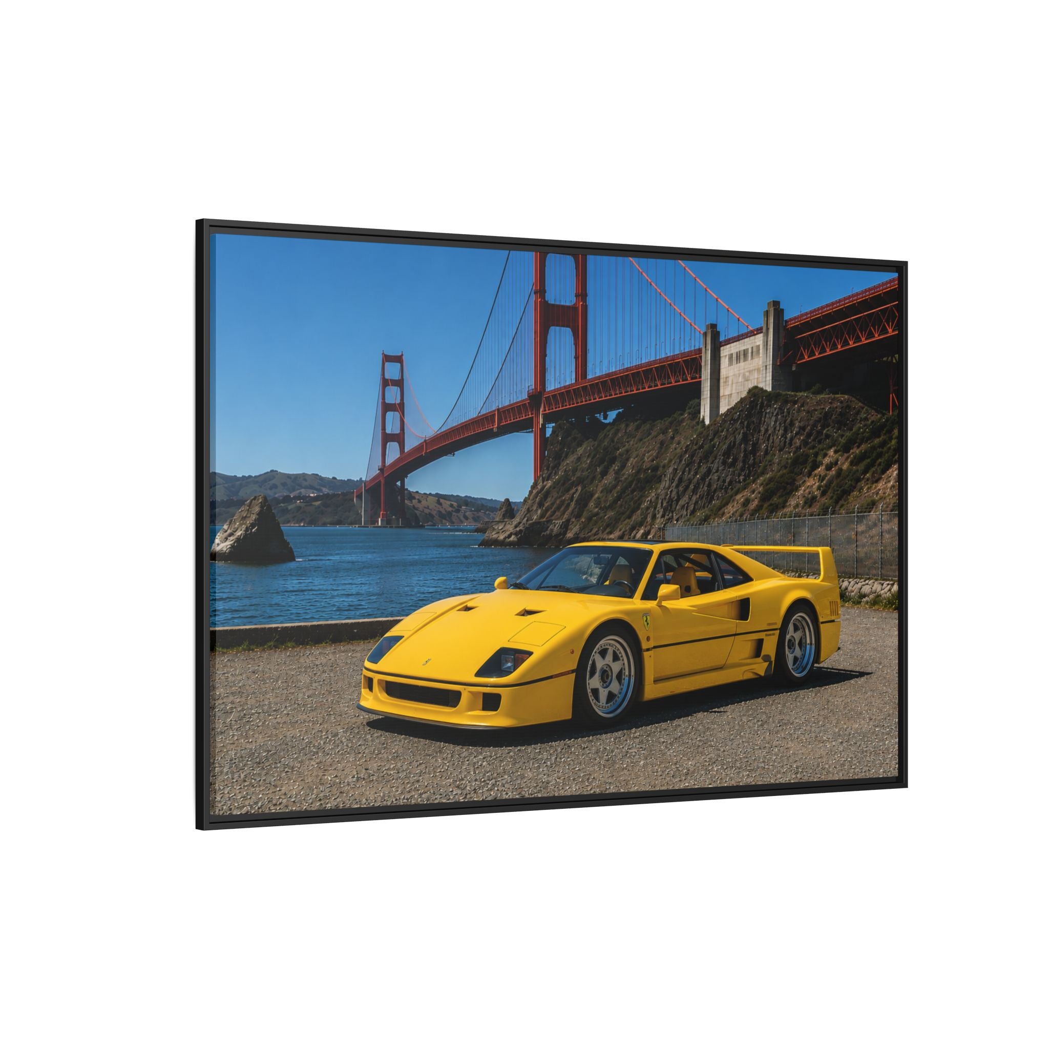 Ferrari 1987 F40 — Yellow Ferrari by the Golden Gate Bridge - Stunning Framed Canvas