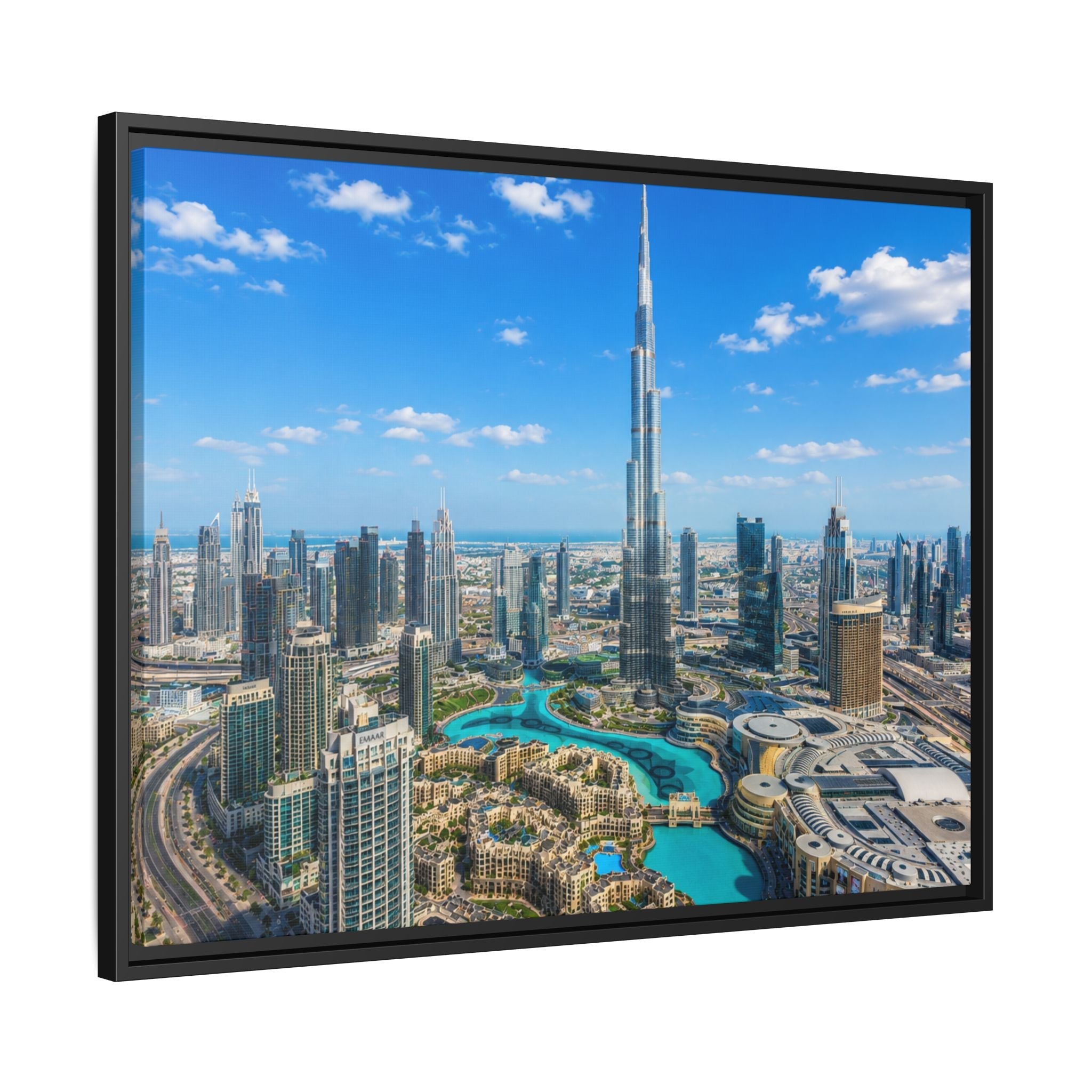 Dubai Skyline Matte Canvas Print (Framed) — Burj Khalifa Aerial Cityscape Wall Art