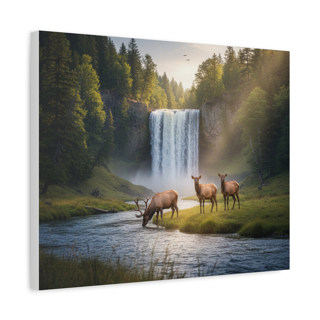 Waterfall Elk Canvas Print — Matte Stretched Wall Art