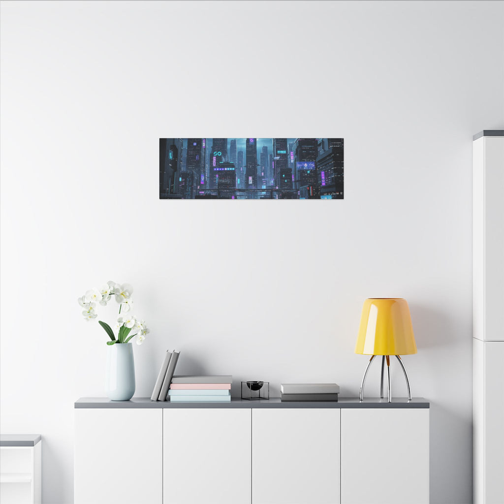 Cyberpunk Cityscape Matte Canvas Print — Neon Futuristic Wall Art
