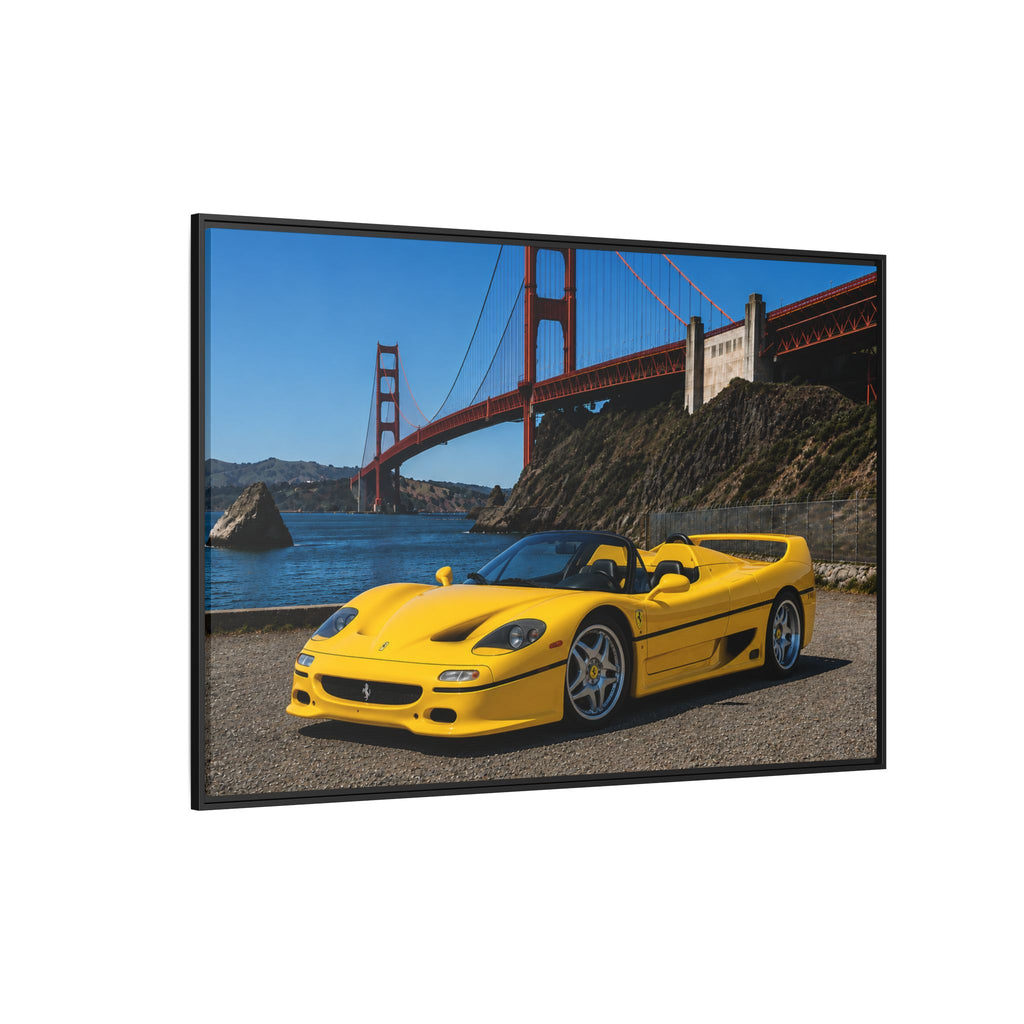 Ferrari F50 1995 Yellow — Framed Matte Canvas of Ferrari by Golden Gate Bridge