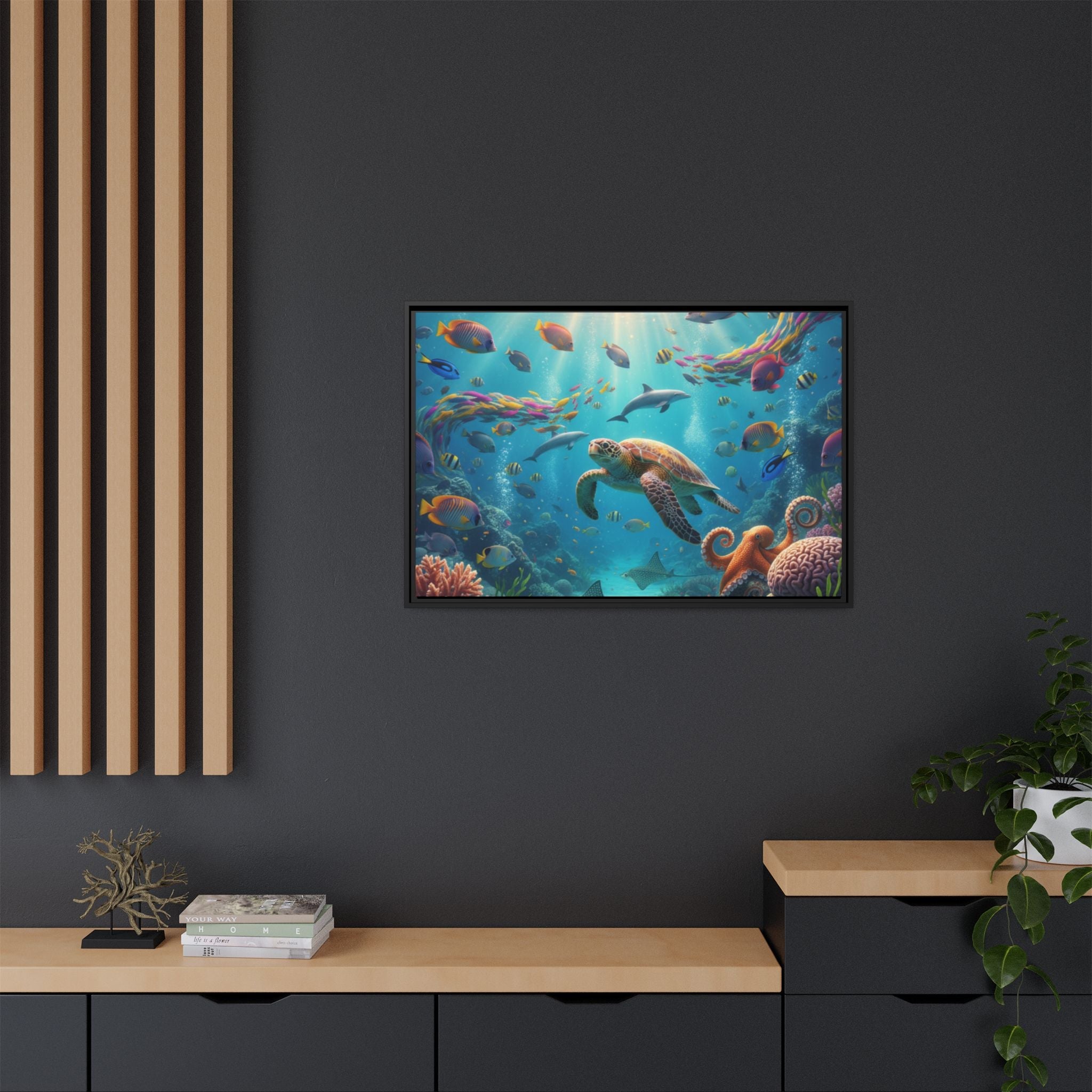 Framed Ocean Life Canvas — Colorful Sea Turtle Wall Art