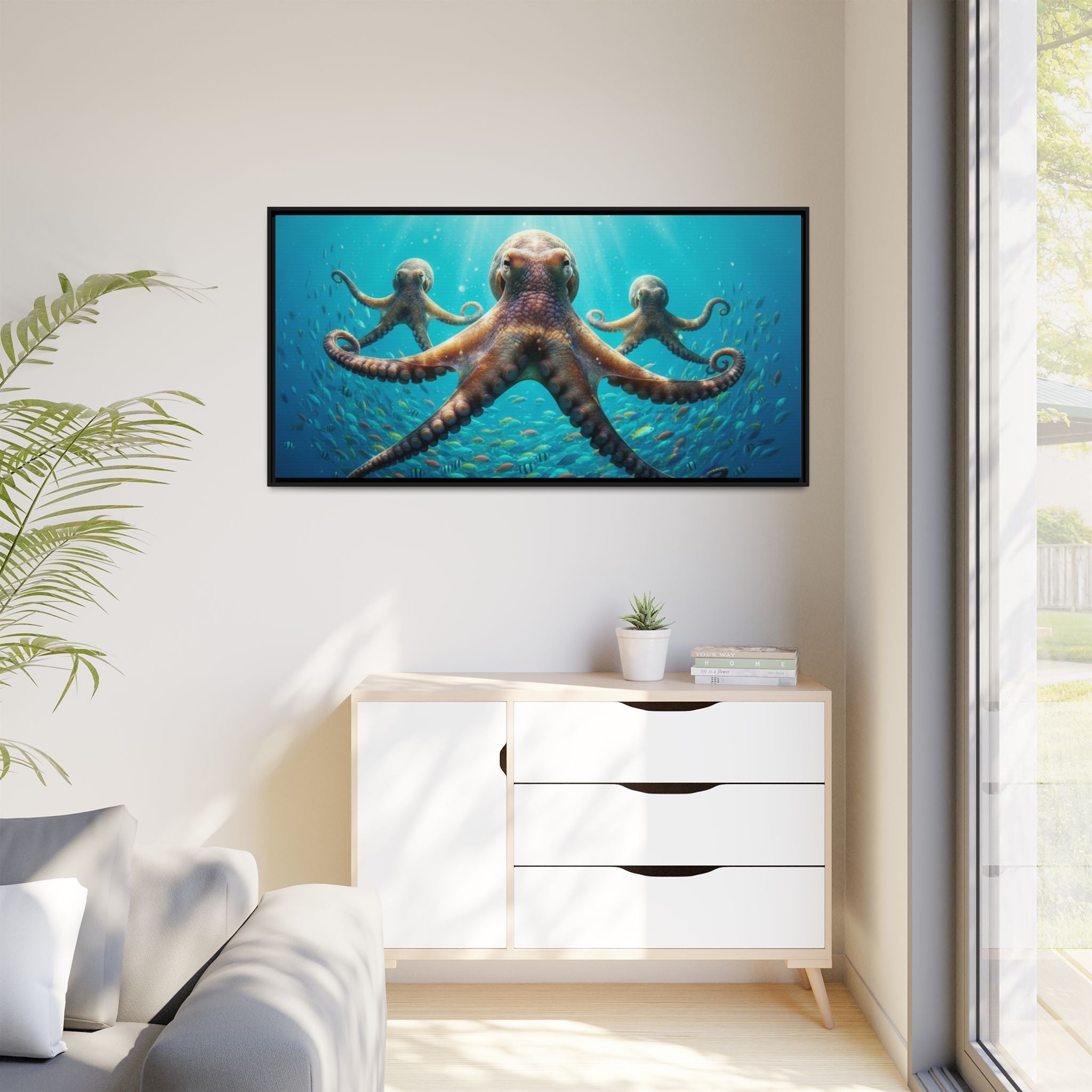 Framed Octopus Art Print — Vibrant Underwater Canvas Wall Decor