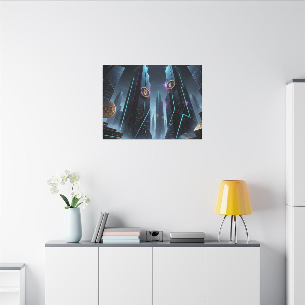 Crypto City Canvas Print — Futuristic Bitcoin & Ethereum Wall Art