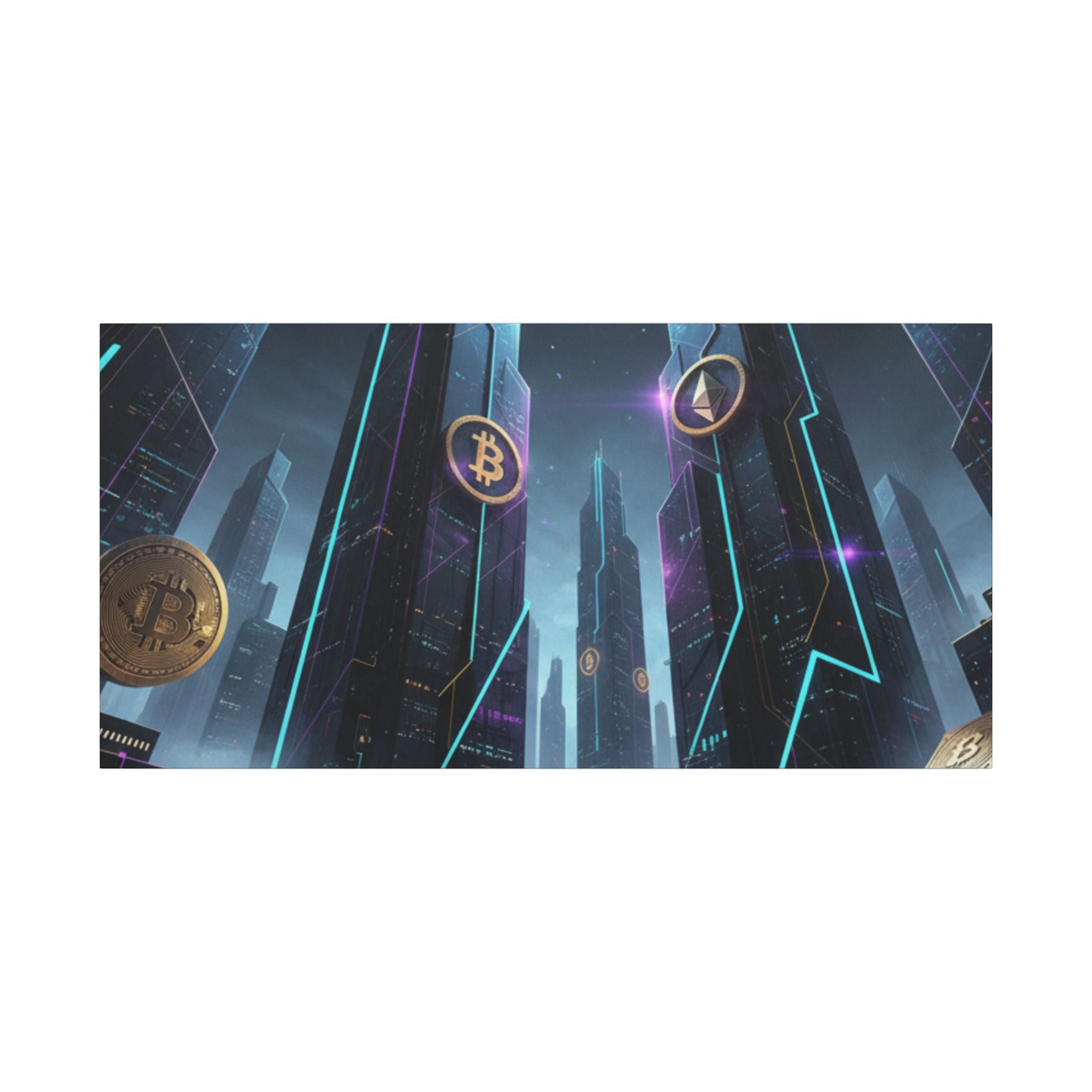 Crypto City Canvas Print — Futuristic Bitcoin & Ethereum Wall Art