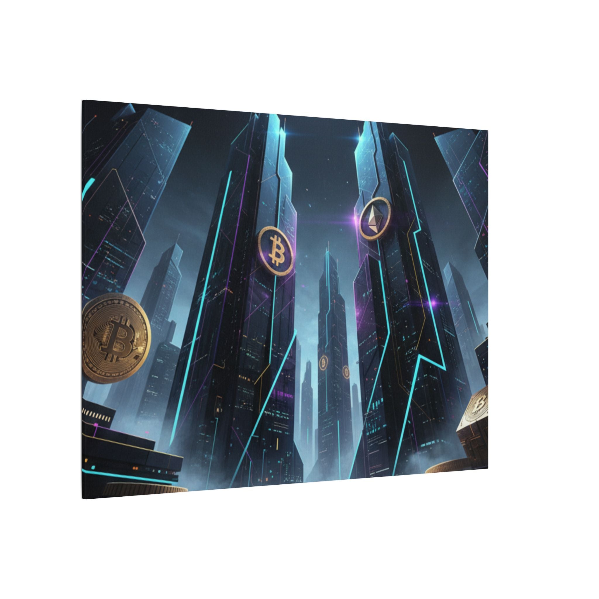 Crypto City Canvas Print — Futuristic Bitcoin & Ethereum Wall Art