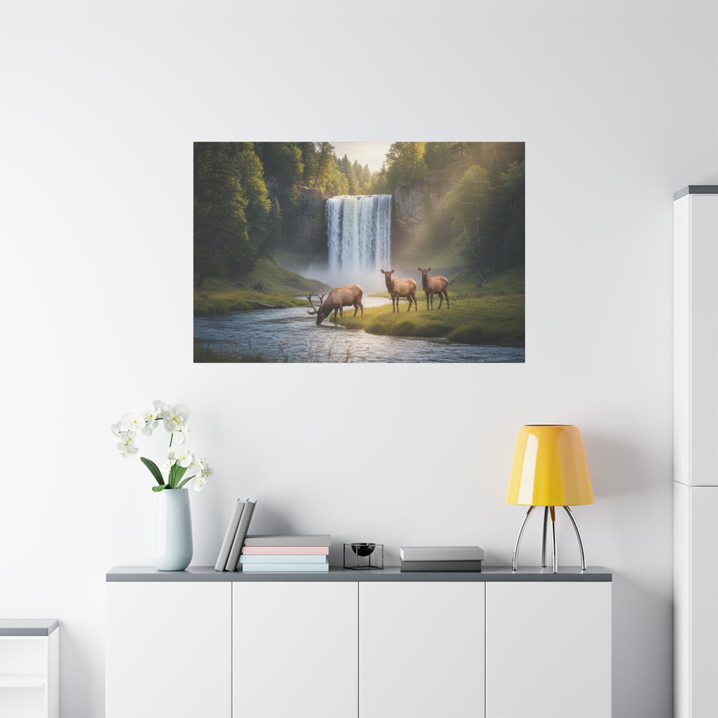 Waterfall Elk Canvas Print — Matte Stretched Wall Art