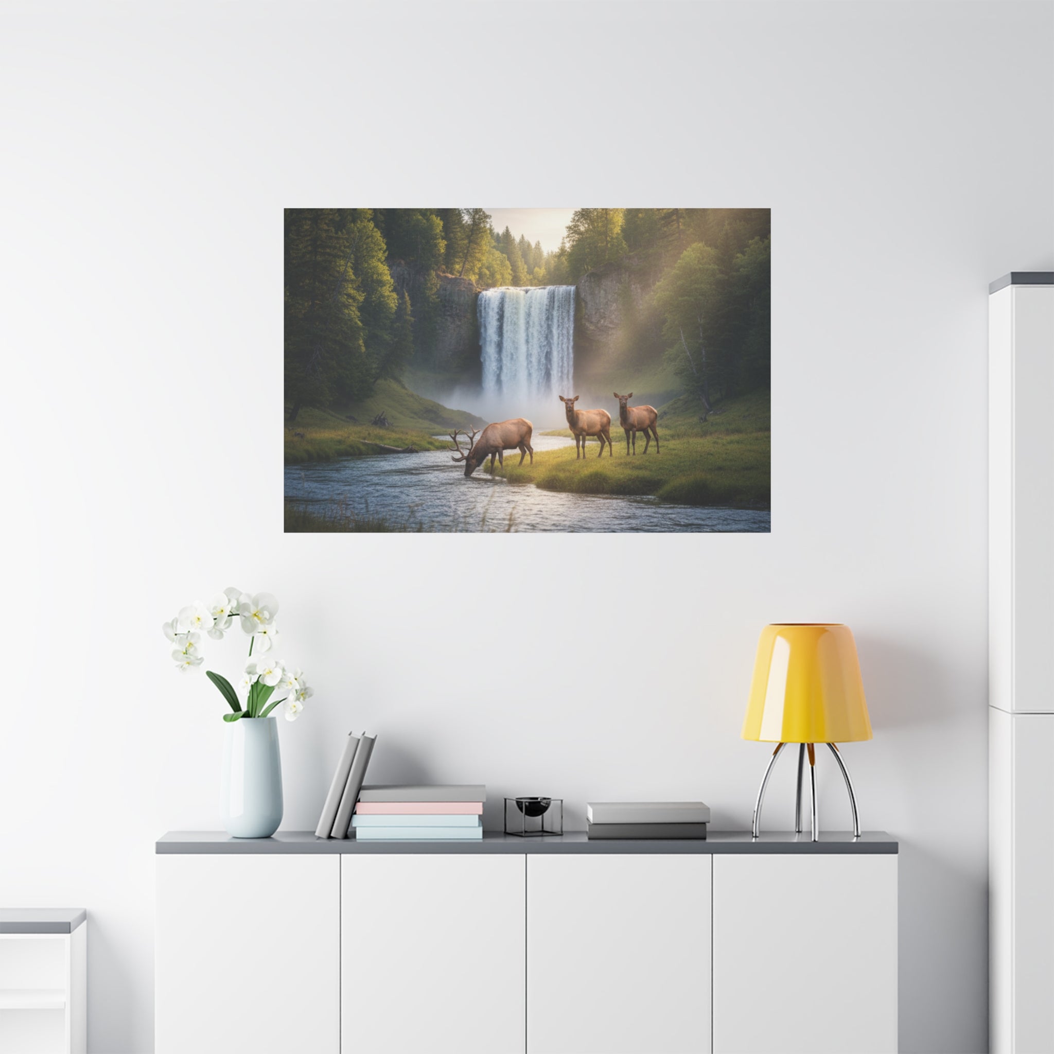 Waterfall Elk Canvas Print — Matte Stretched Wall Art