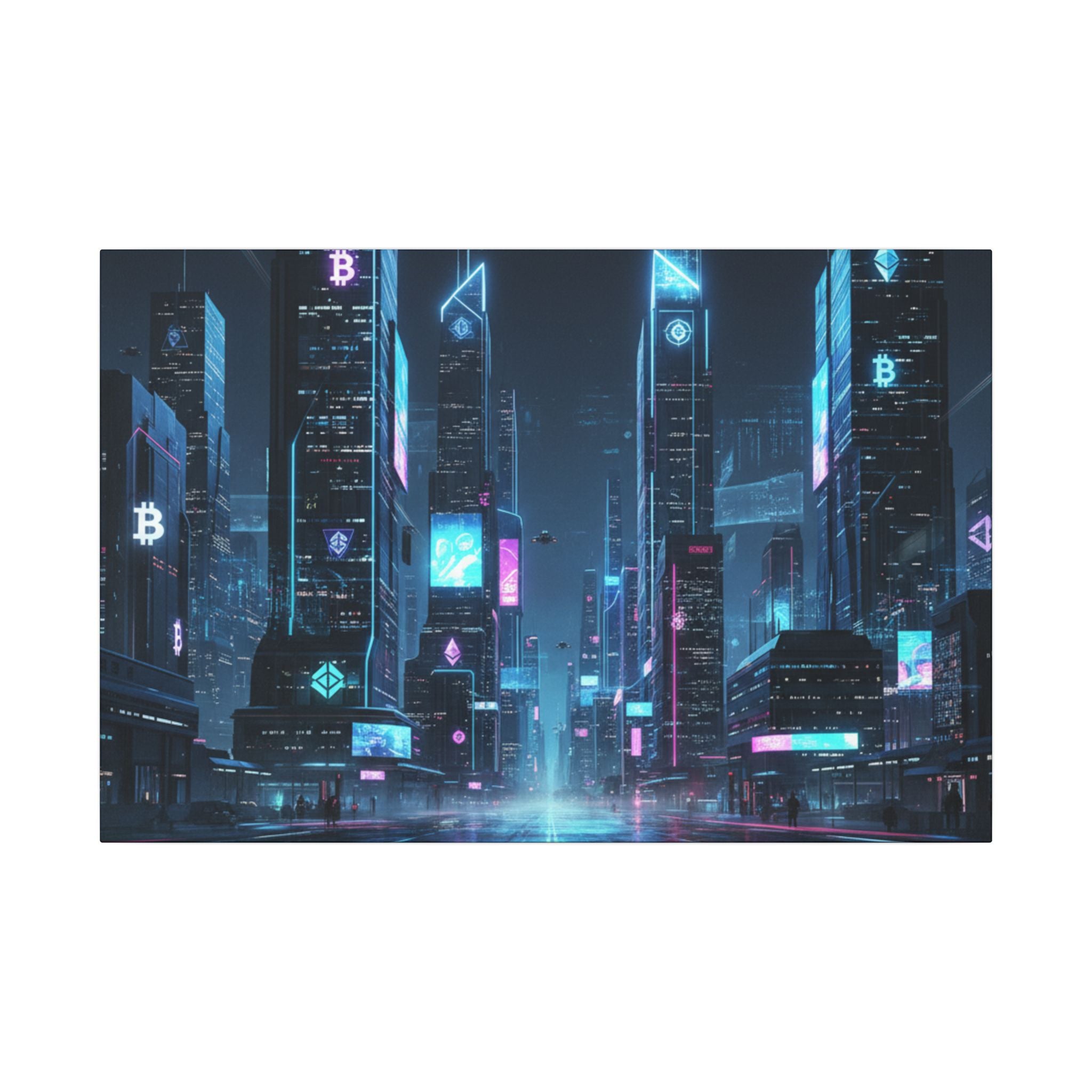 Cyberpunk Cityscape Matte Canvas Print — Neon Futuristic Skyline Wall Art