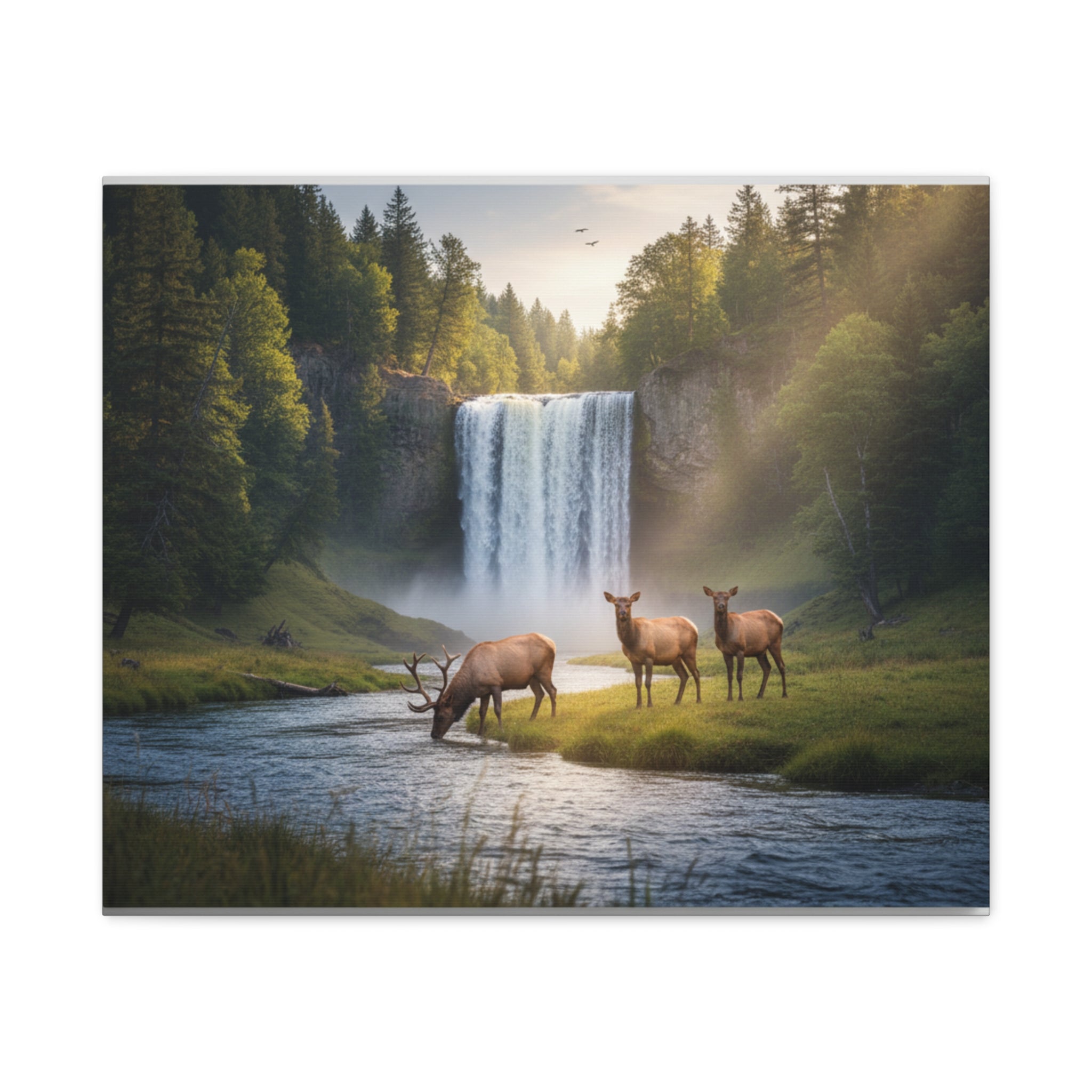 Waterfall Elk Canvas Print — Matte Stretched Wall Art