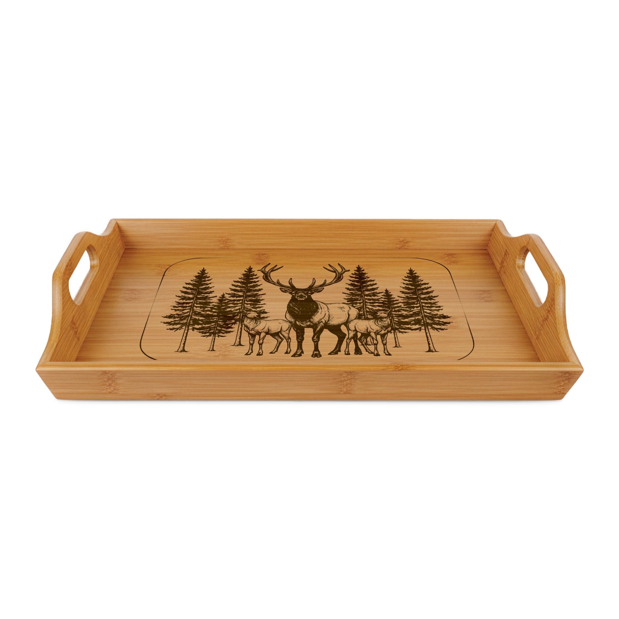 Engraved Bamboo Serving Tray — Deer & Pine Forest