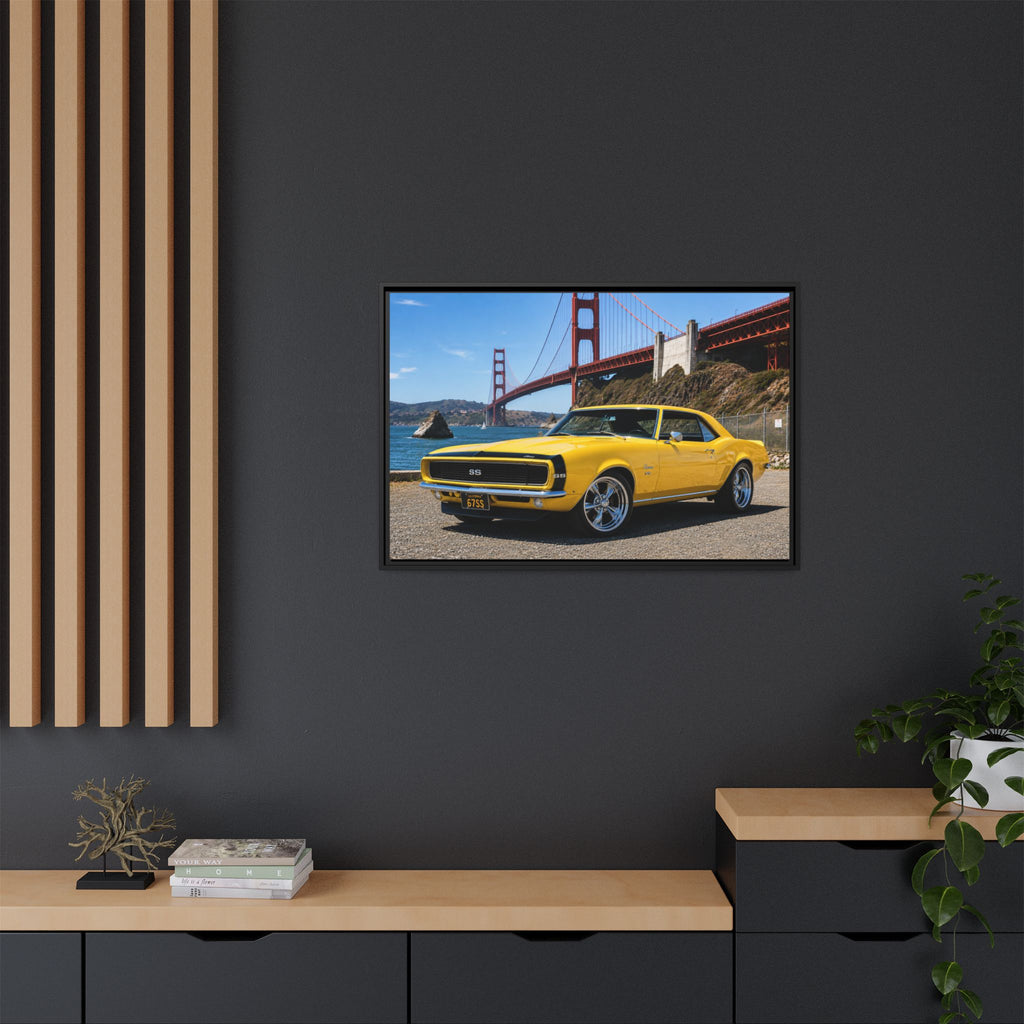 Camaro 1967 Framed Canvas – Yellow Classic "Bumble Bee" Camaro by Golden Gate Bridge