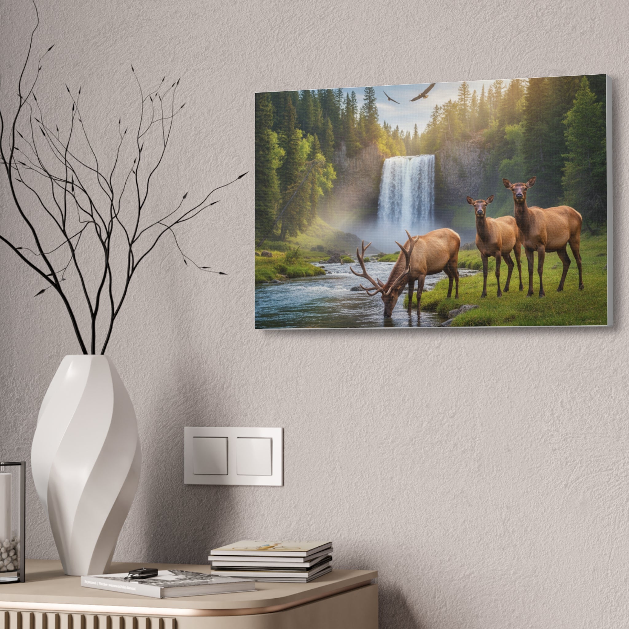 Elk Waterfall Canvas Print — Serene Wildlife Landscape Wall Art, 1.5" Stretched