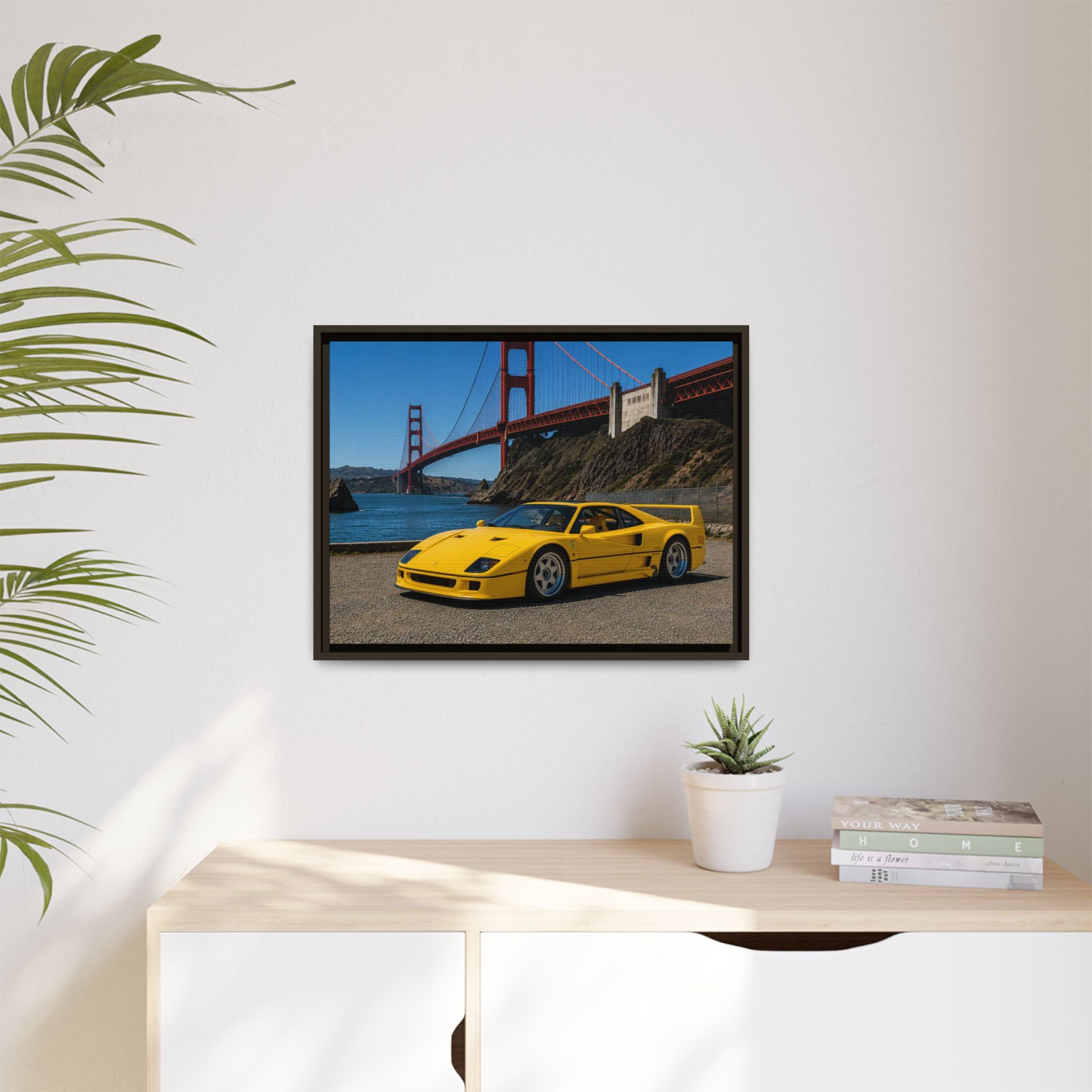 Ferrari 1987 F40 — Yellow Ferrari by the Golden Gate Bridge - Stunning Framed Canvas