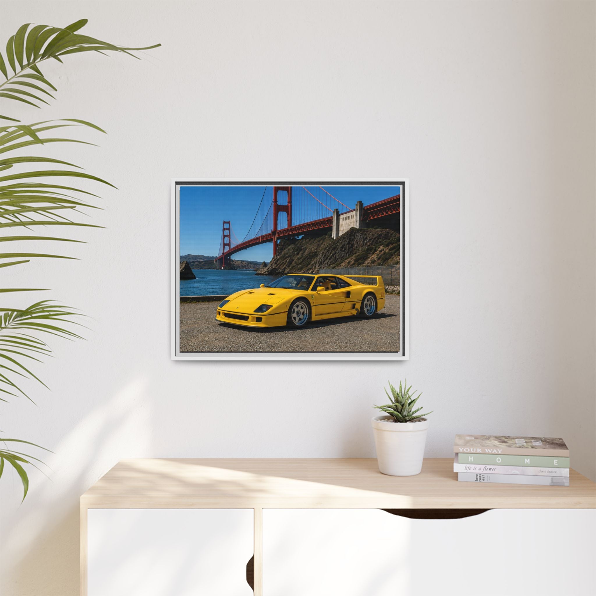 Ferrari 1987 F40 — Yellow Ferrari by the Golden Gate Bridge - Stunning Framed Canvas