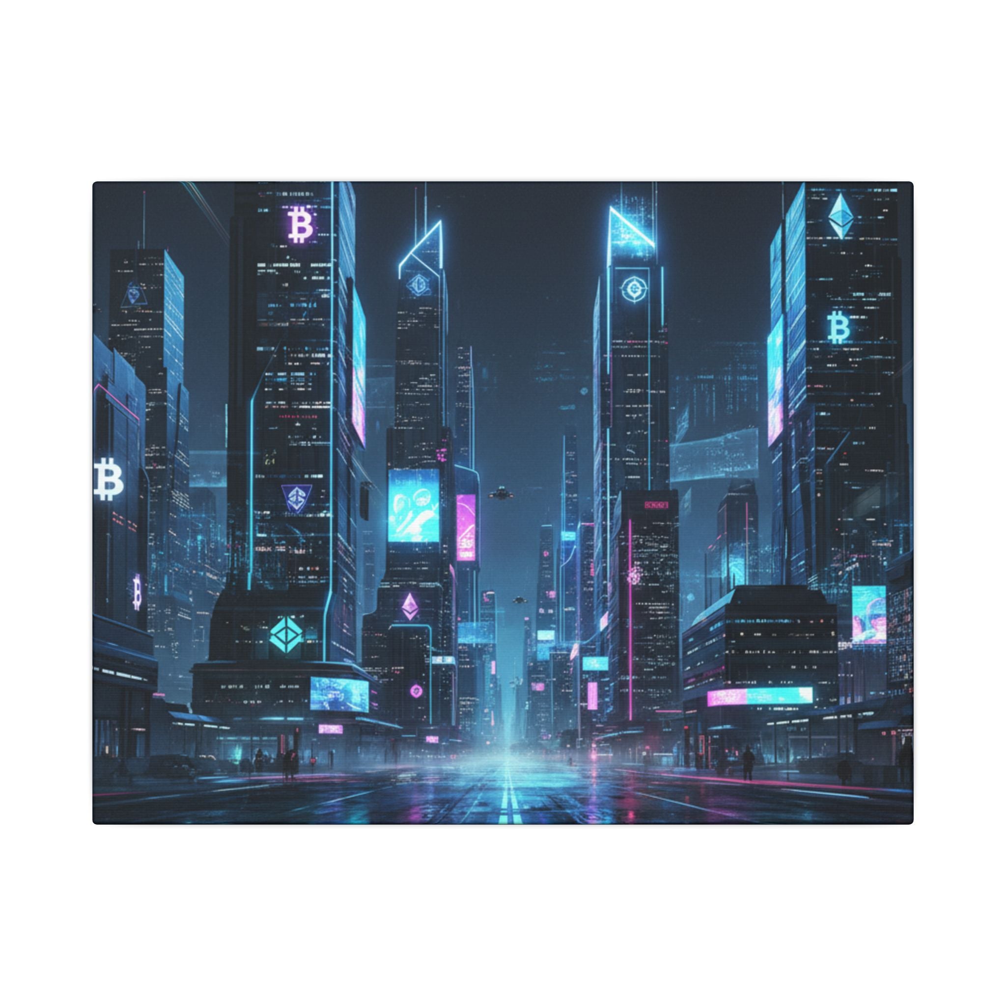 Cyberpunk Cityscape Matte Canvas Print — Neon Futuristic Skyline Wall Art