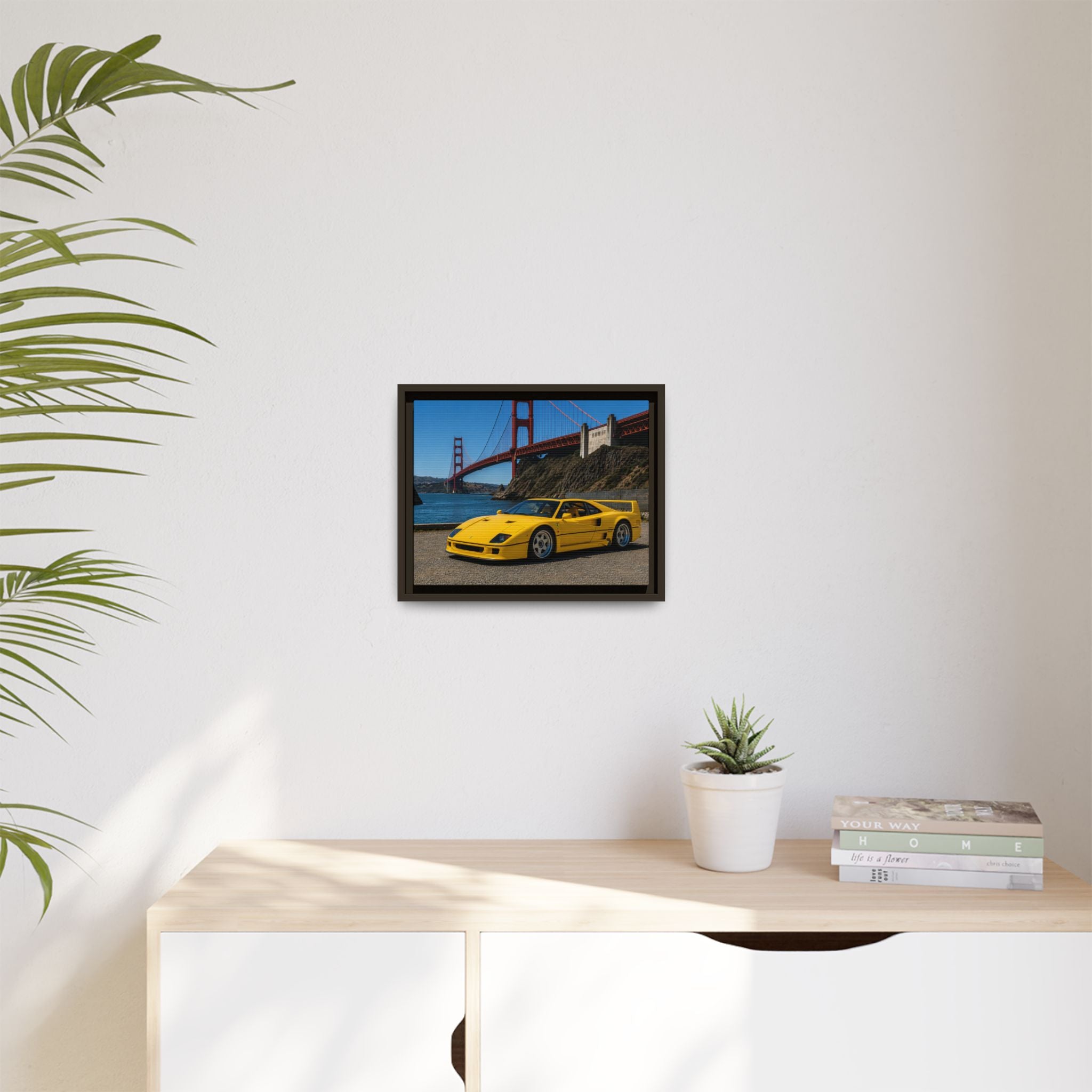 Ferrari 1987 F40 — Yellow Ferrari by the Golden Gate Bridge - Stunning Framed Canvas