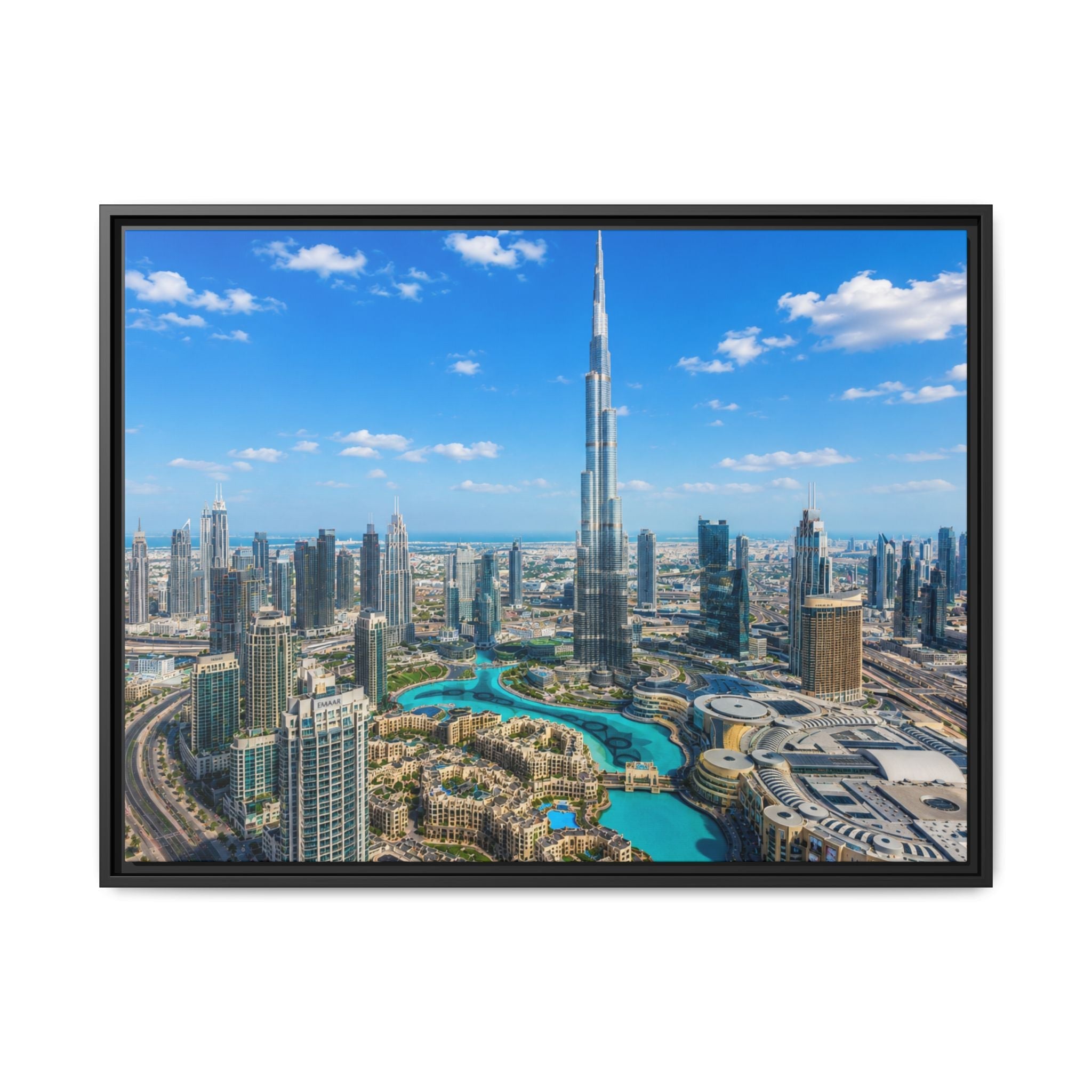 Dubai Skyline Matte Canvas Print (Framed) — Burj Khalifa Aerial Cityscape Wall Art