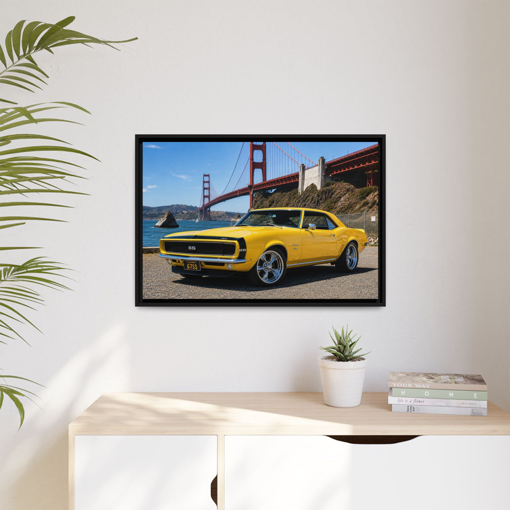 Camaro 1967 Framed Canvas – Yellow Classic "Bumble Bee" Camaro by Golden Gate Bridge