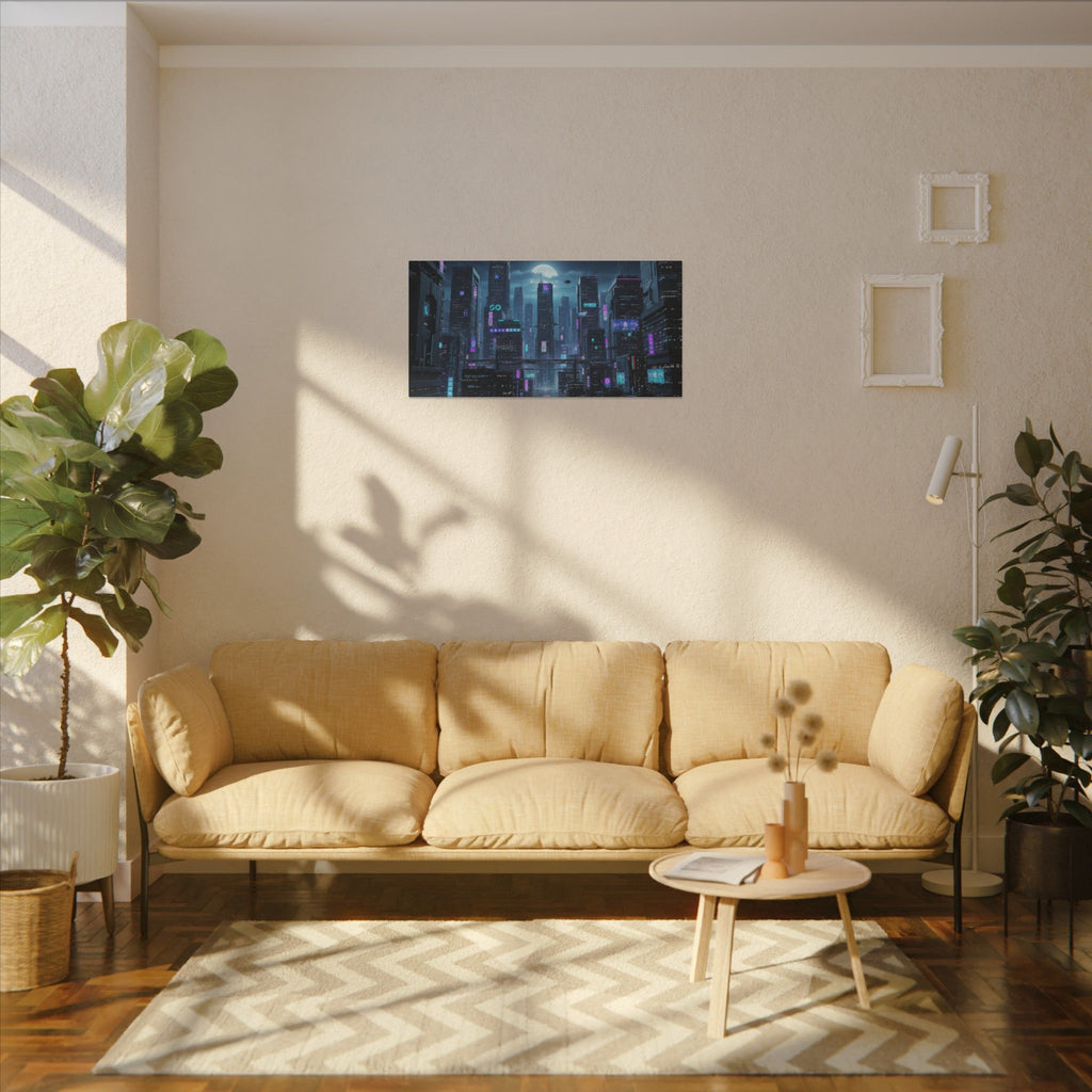 Cyberpunk Cityscape Matte Canvas Print — Neon Futuristic Wall Art