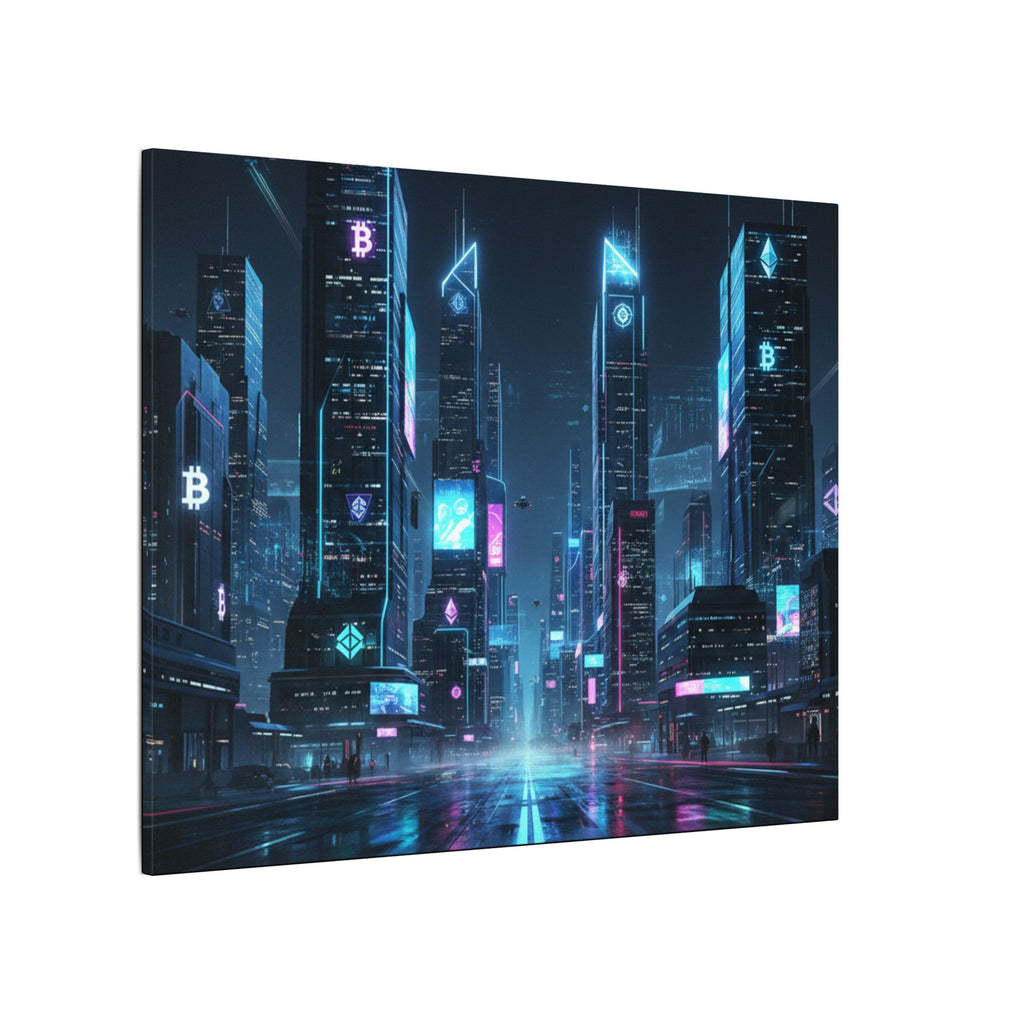 Cyberpunk Cityscape Matte Canvas Print — Neon Futuristic Skyline Wall Art