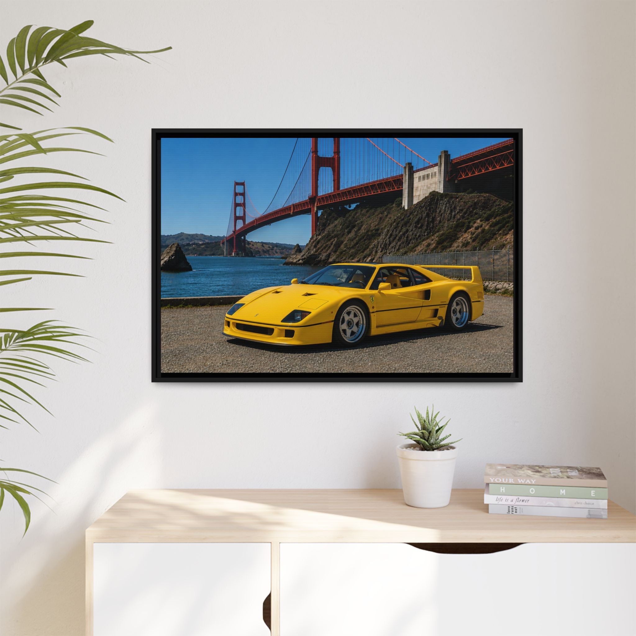 Ferrari 1987 F40 — Yellow Ferrari by the Golden Gate Bridge - Stunning Framed Canvas