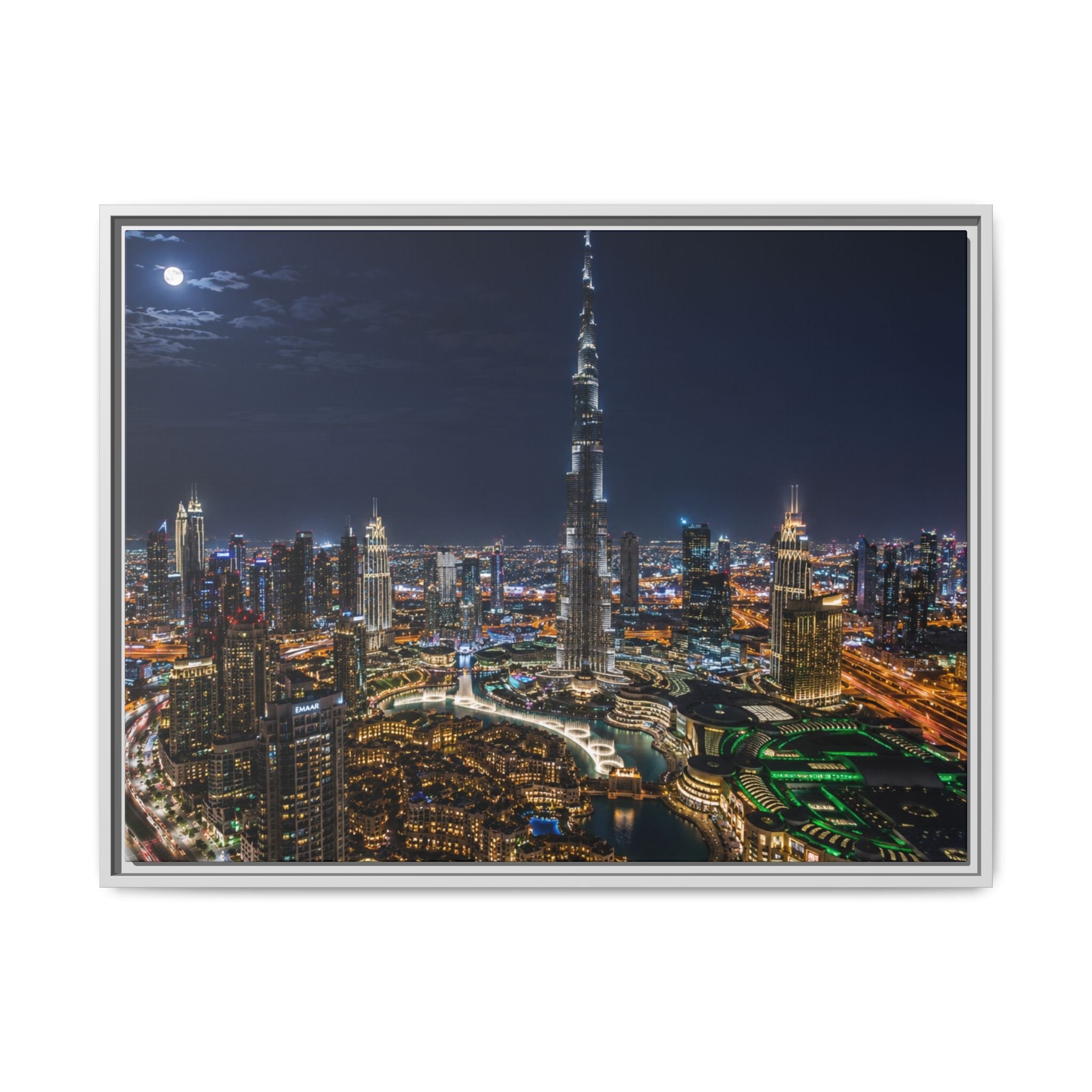 Dubai Night Skyline Matte Framed Canvas Print