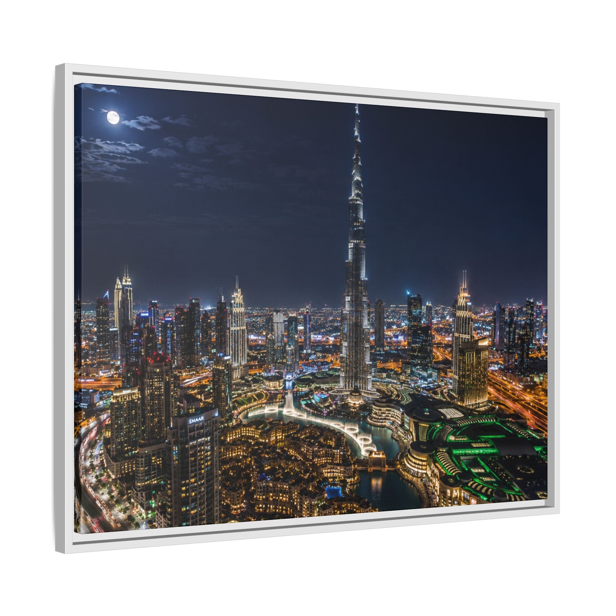 Dubai Night Skyline Matte Framed Canvas Print