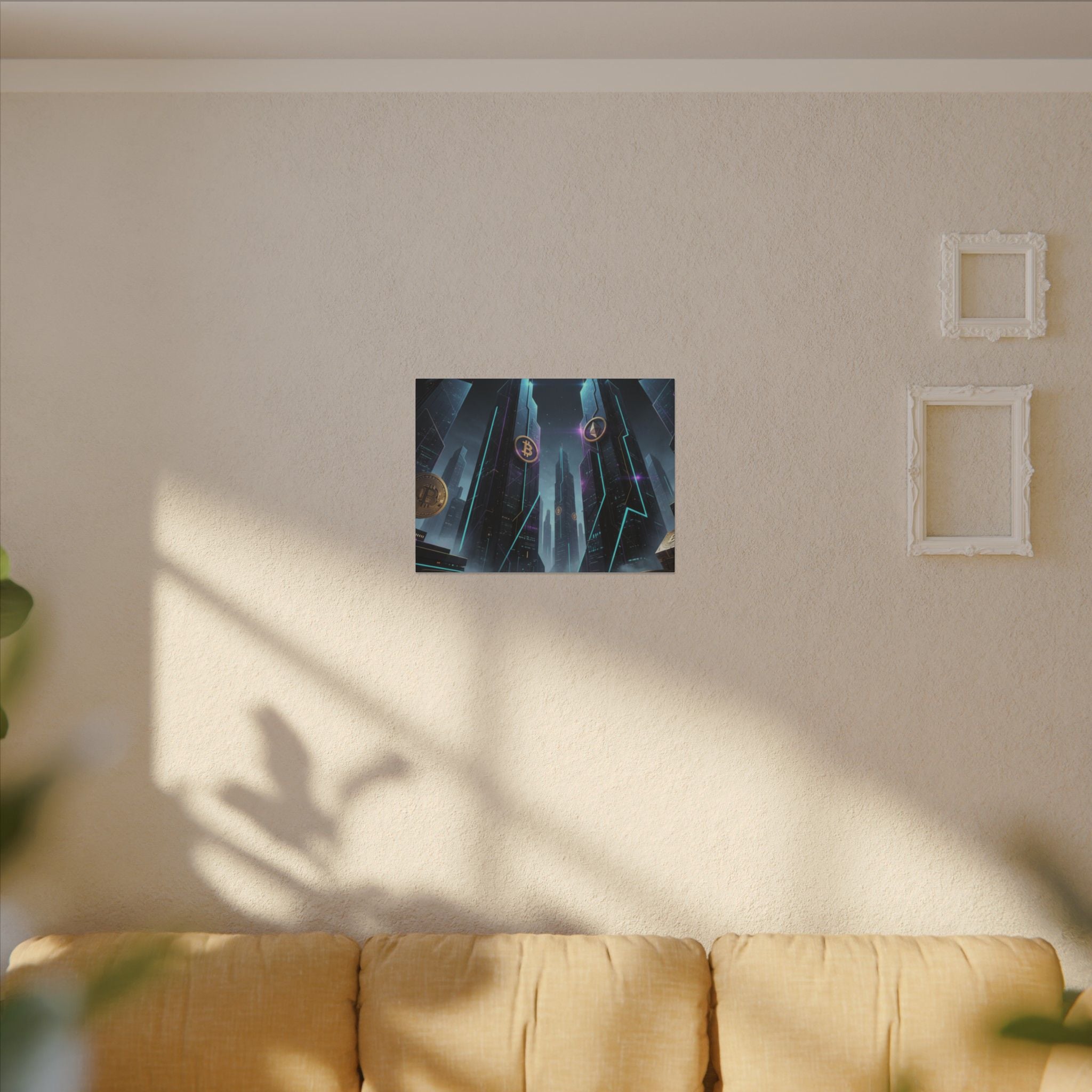 Crypto City Canvas Print — Futuristic Bitcoin & Ethereum Wall Art