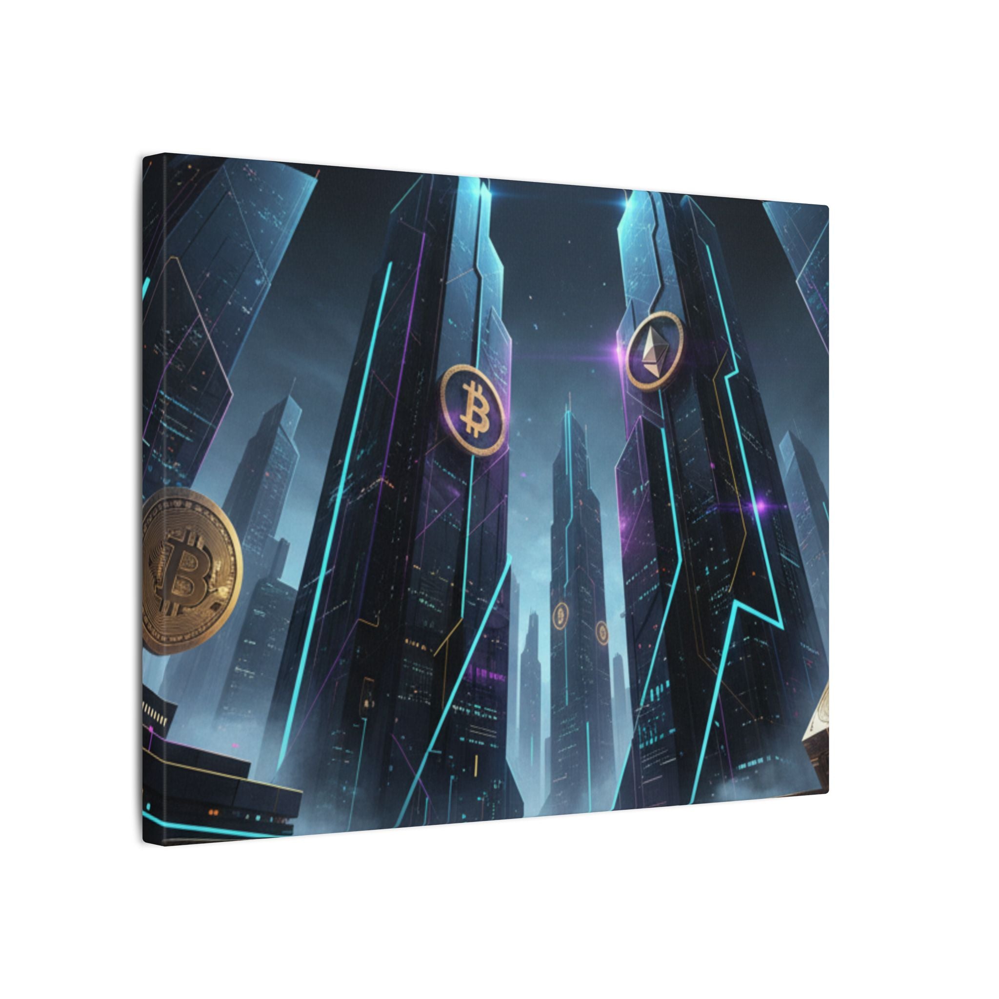 Crypto City Canvas Print — Futuristic Bitcoin & Ethereum Wall Art