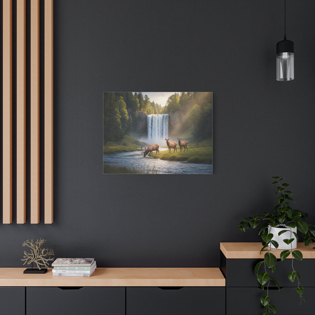 Waterfall Elk Canvas Print — Matte Stretched Wall Art