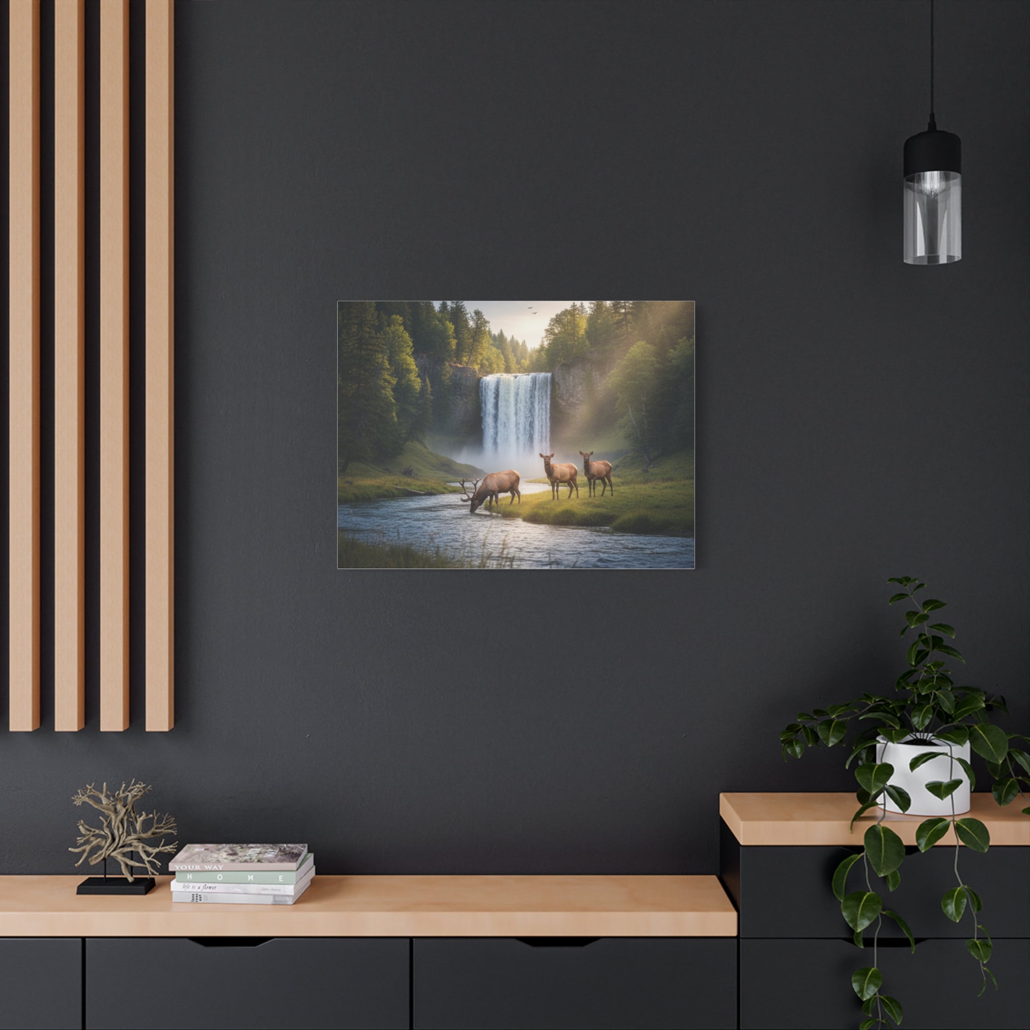 Waterfall Elk Canvas Print — Matte Stretched Wall Art