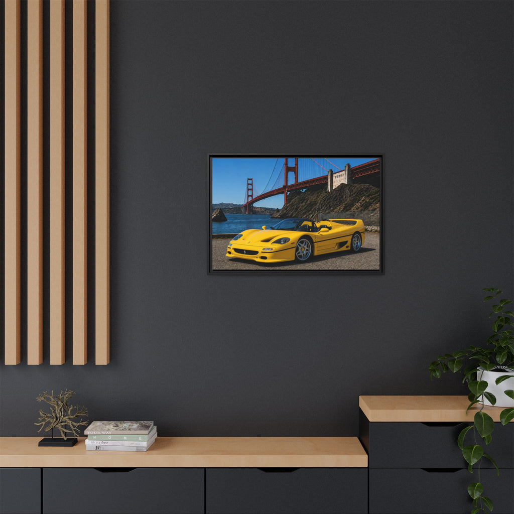 Ferrari F50 1995 Yellow — Framed Matte Canvas of Ferrari by Golden Gate Bridge