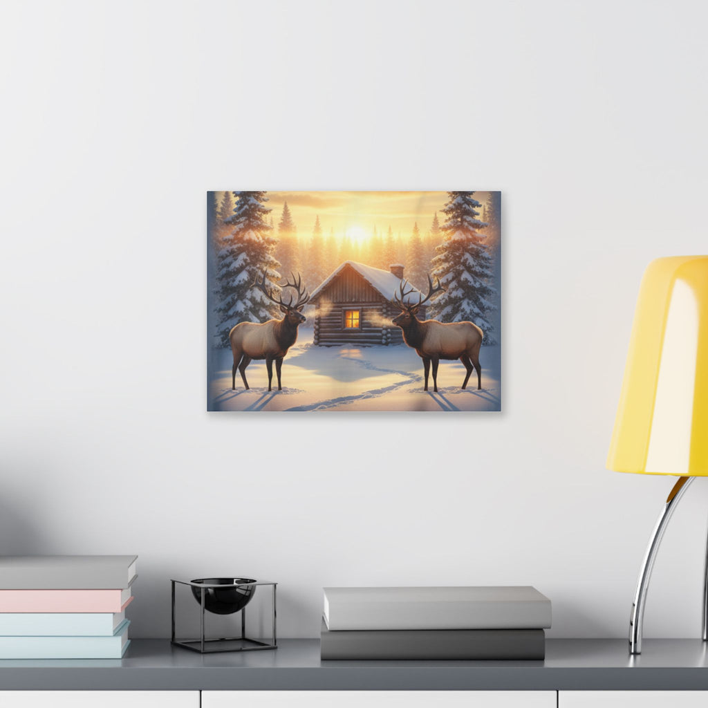 Winter Cabin Elk Canvas Wall Art – Cozy Snowy Forest Sunset Print