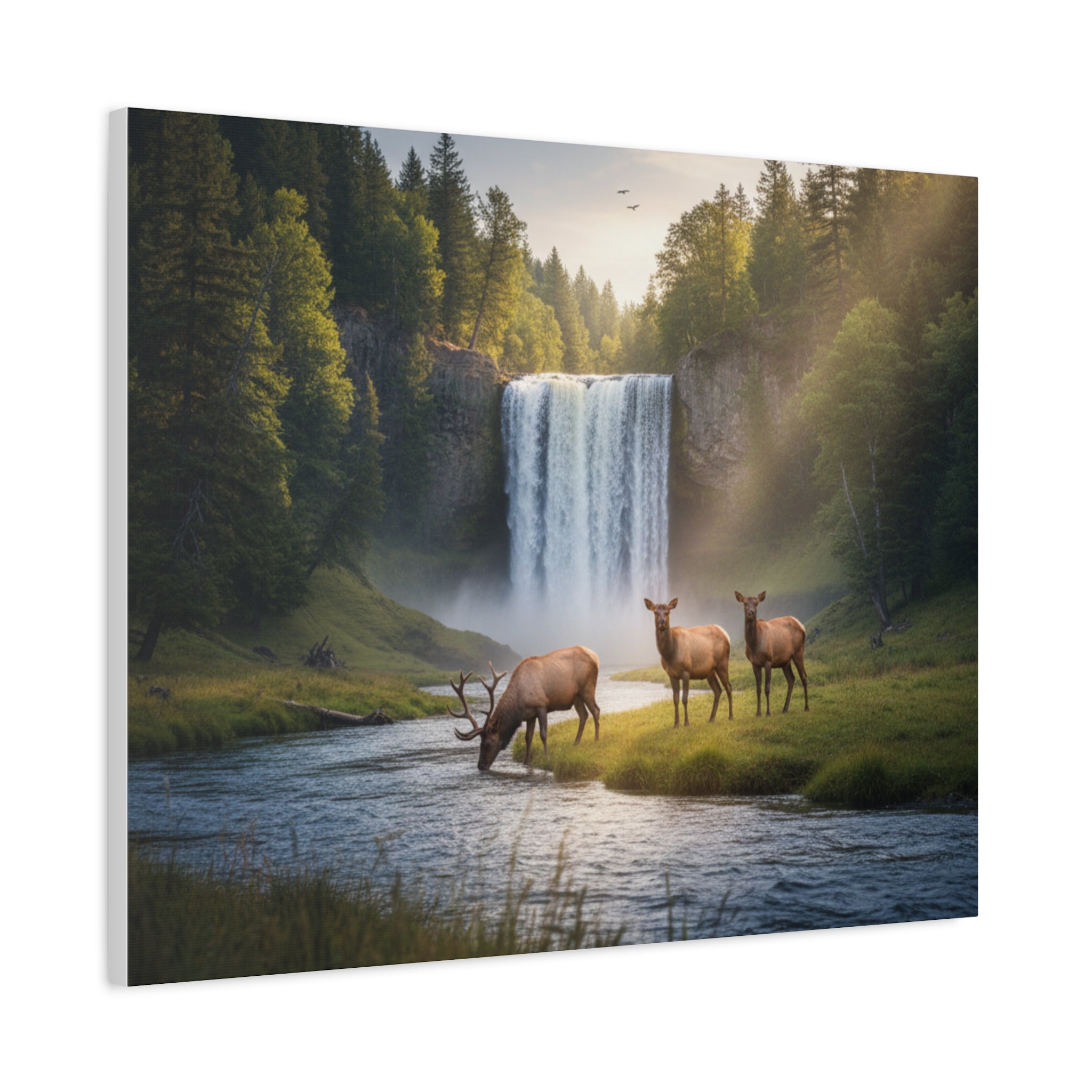 Waterfall Elk Canvas Print — Matte Stretched Wall Art