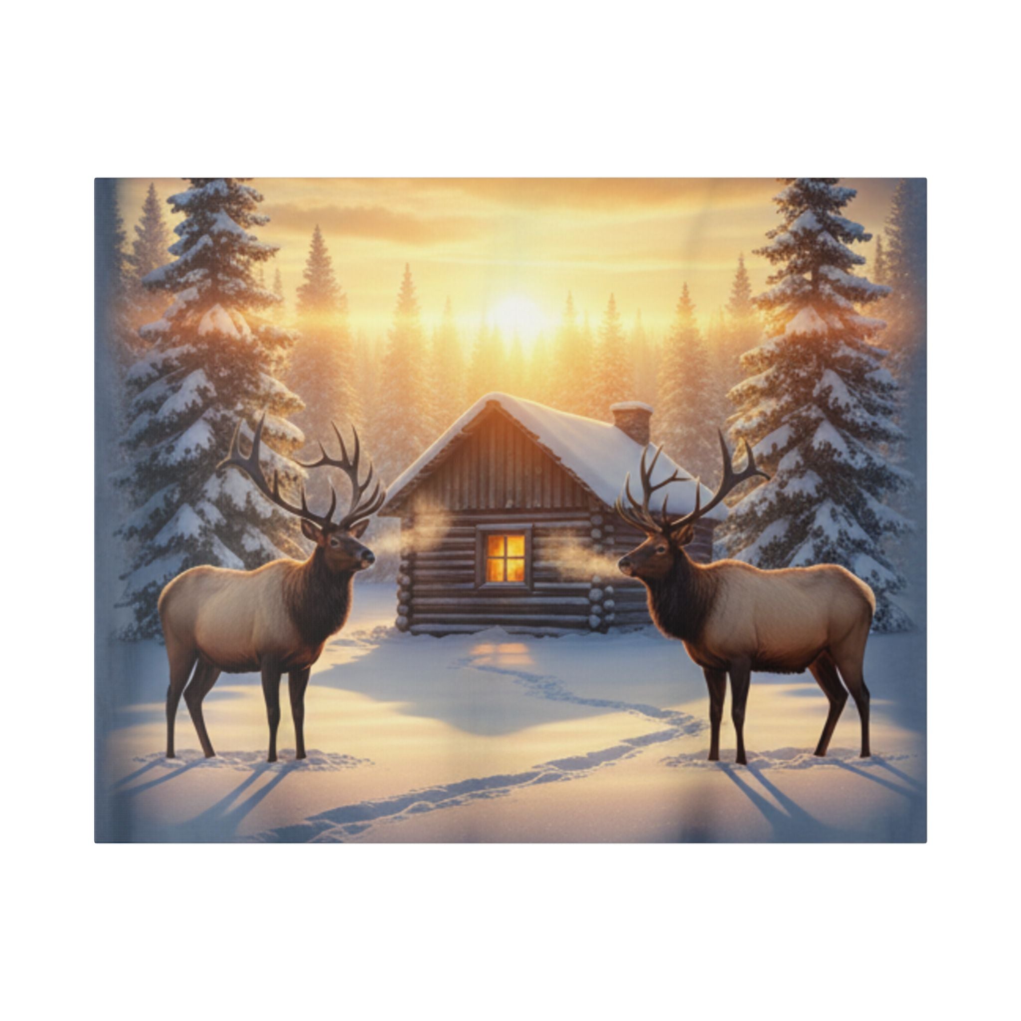 Winter Cabin Elk Canvas Wall Art – Cozy Snowy Forest Sunset Print