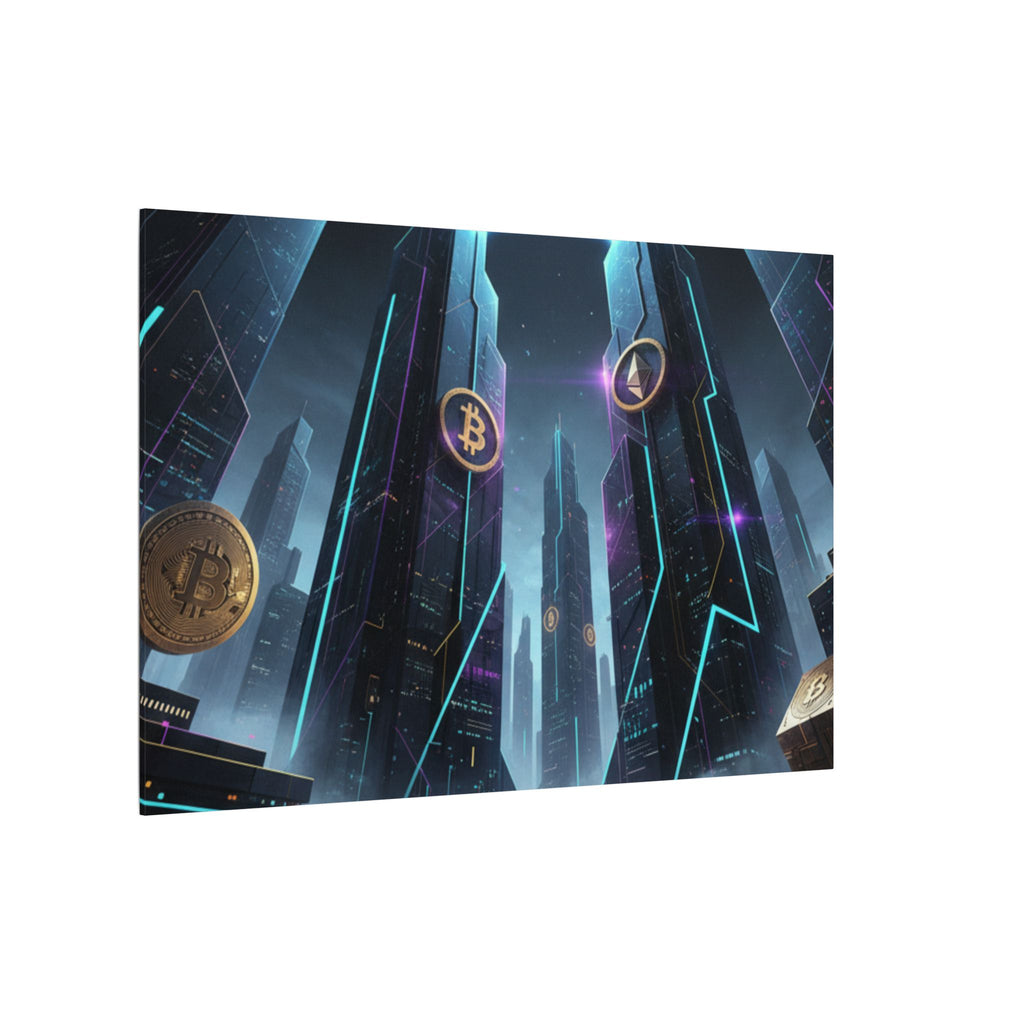 Crypto City Canvas Print — Futuristic Bitcoin & Ethereum Wall Art