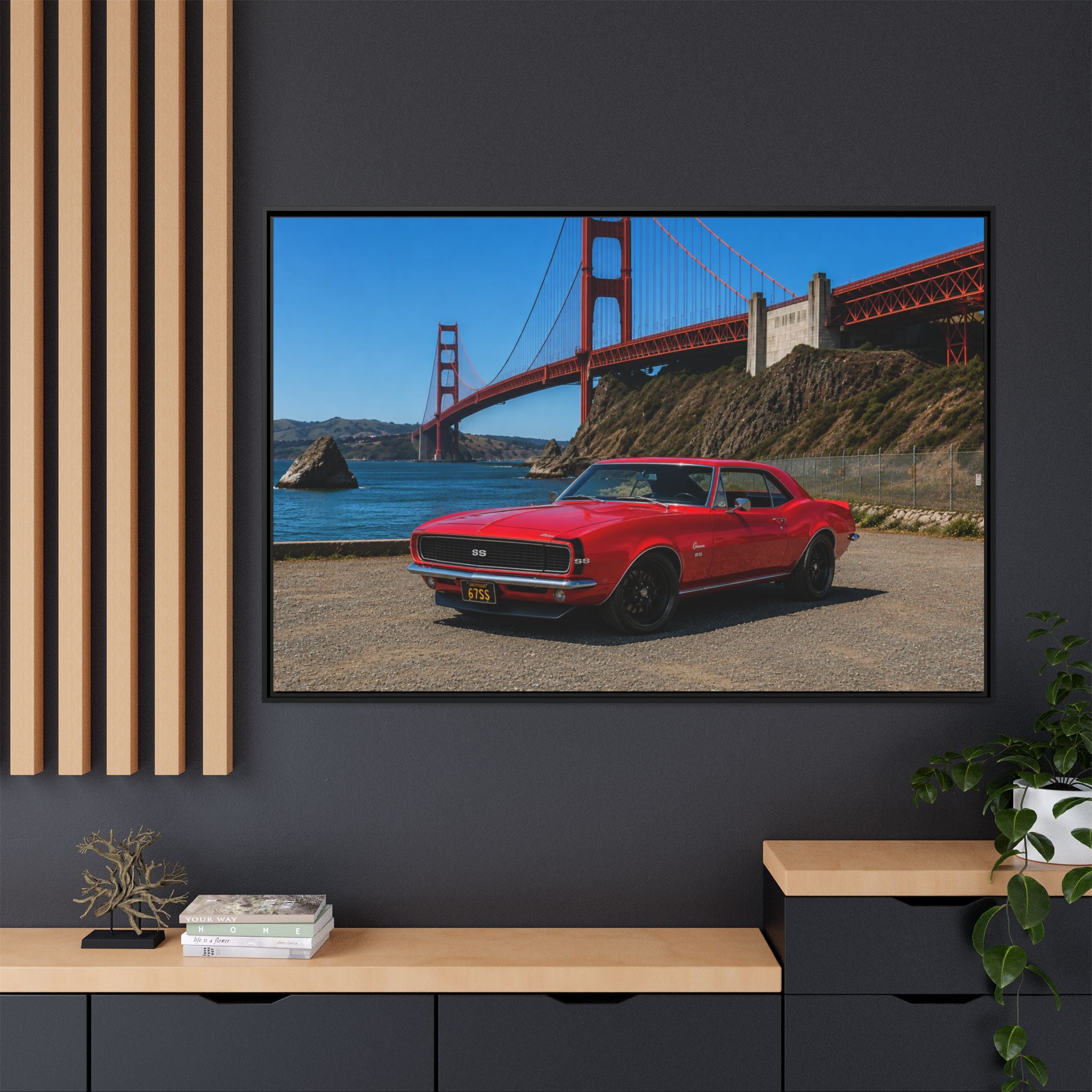 1967 Camaro SS - Stunning Camaro at Golden Gate Bridge - Framed Canvas